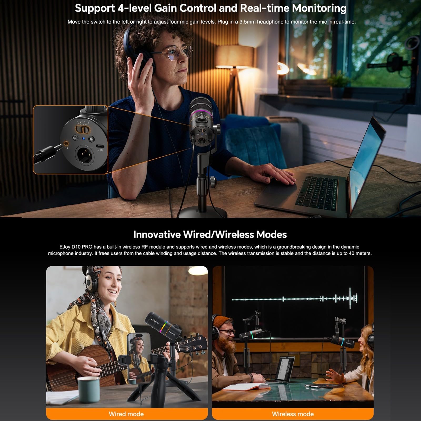 COMICA D10 Pro D Combo XLR USB Dynamic Microphone with Receiver Desktop Mic Stand for Gaming/TikTok/Podcast Recording,Support RGB Light Mute Button for PC,Smartphone,Computer,Mac,PS4/5(White) - Image 3