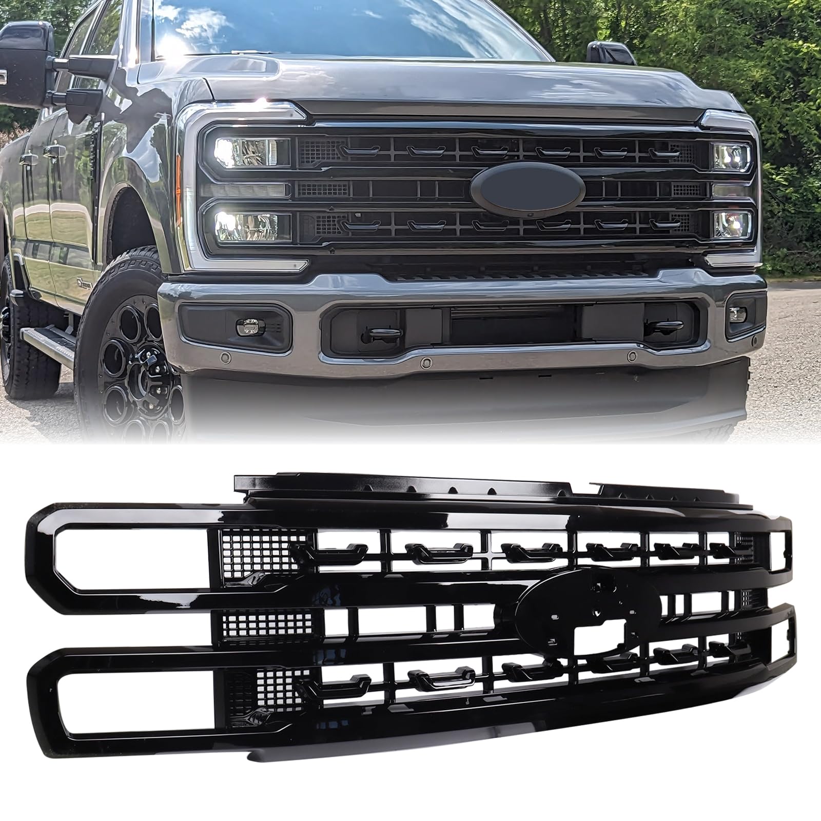 Photo 1 of Duolctarms Platinum Style Glossy Black Grille Grill Assembly Compatible for 2023-2025 Ford F250 F350 F450 Lariat/KING RANCH/Platinum Super Duty PC3Z8200KA