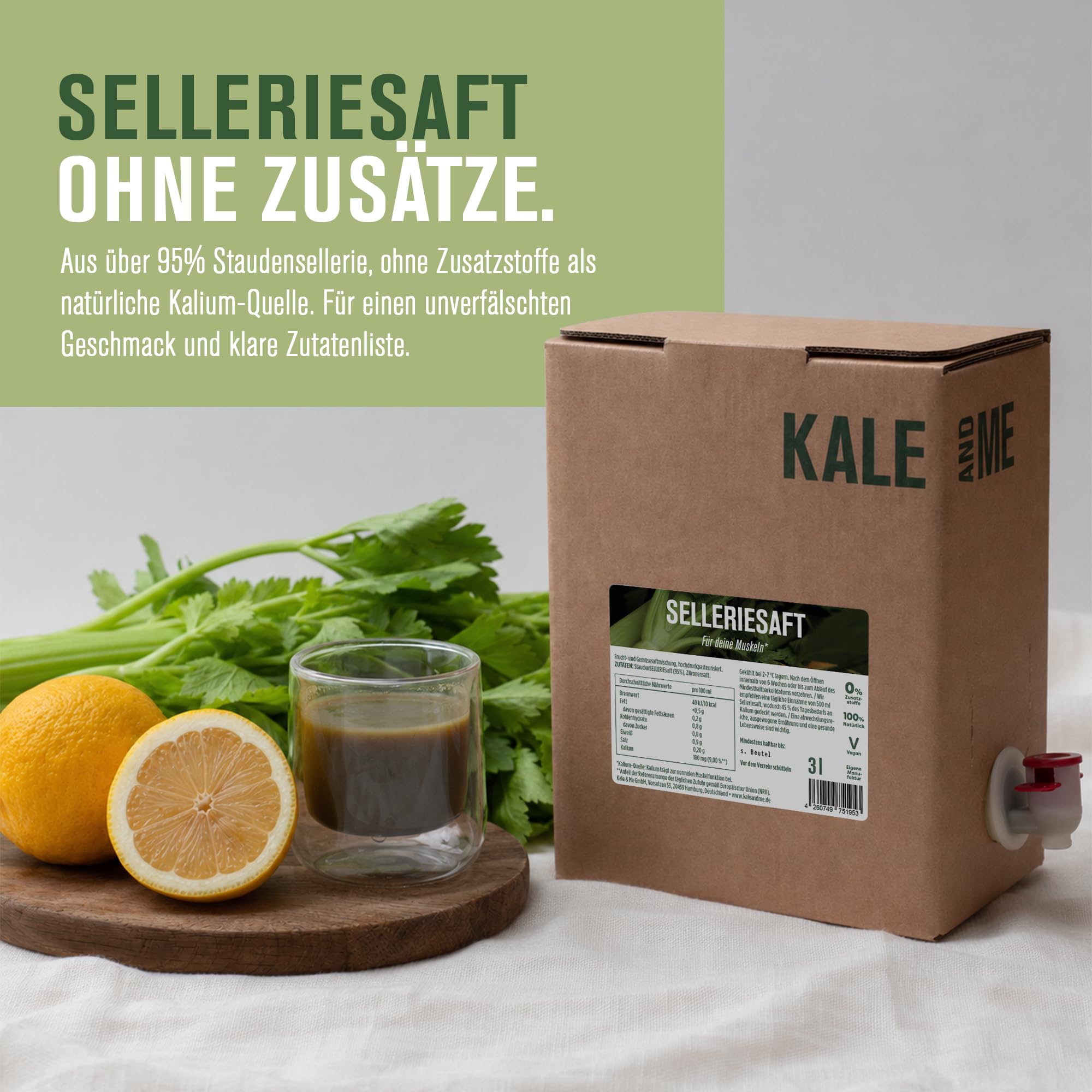 Kale&Me Selleriesaft Bag-in-Box 3 L – 95 % Selleriesaft mit Zitronensaft, ohne Zusatzstoffe, kaltgepresst, unpasteurisiert – frischer Gemüsesaft aus regionaler Produktion, inkl. Zapfhahn