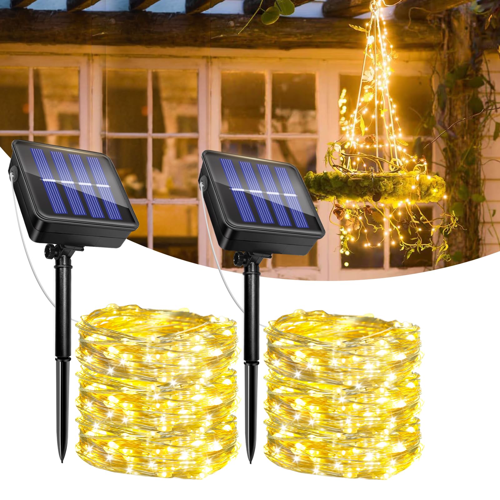2 Pack Guirnaldas Luces Exterior Solar, 12M 120 LED Luces Solares Jardín, 8 Modos, IP65 Impermeables, Cadena de Luces Decoracion para Terraza, Fiestas, Bodas, Patio, Árbol, Jardines(Blanco Cálido)