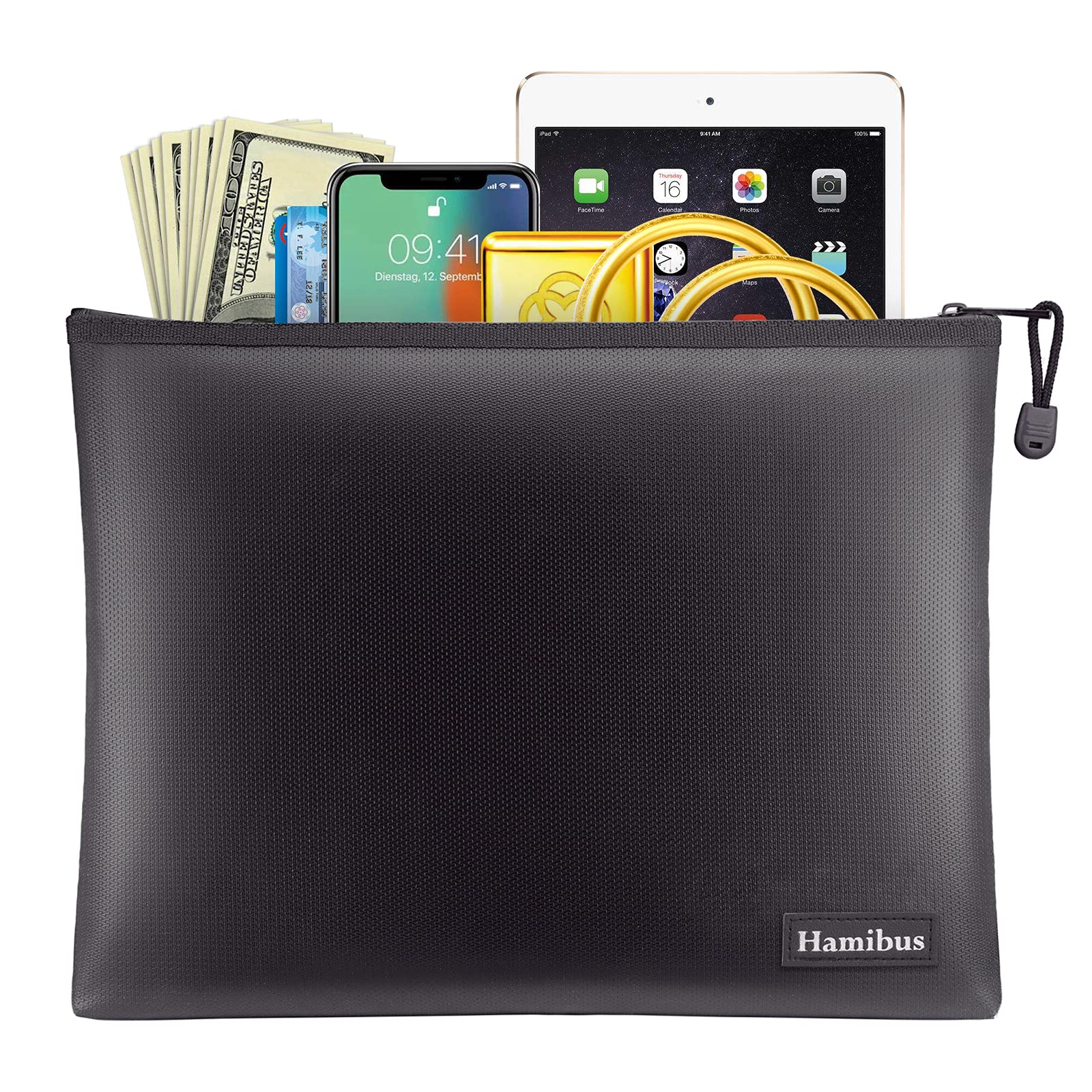 Hamibus Fireproof Document Bag 13.5" x 9.8" Water Resistant Money Bags File Safe Storage Pouch with Zipper for A4 Documents