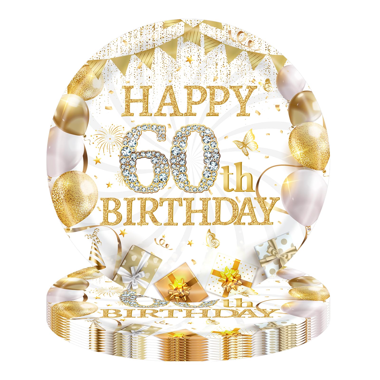 YESAH 16 Pcs Birthday Party Paper Plates,60th White Gold Paper Plates for Birthday,9in,Party Plate for Men,Women,Him,Her Birthday Party Decorations and Supplies Table Decor for 16 Guests — image 1