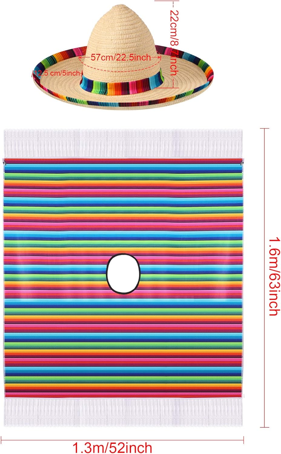 SATINIOR Mexican Costume Set for Adults Mexican Serape Poncho Sombrero for Men Women Halloween Cinco De Mayo Fiesta Cosplay Party Supplies - Image 2