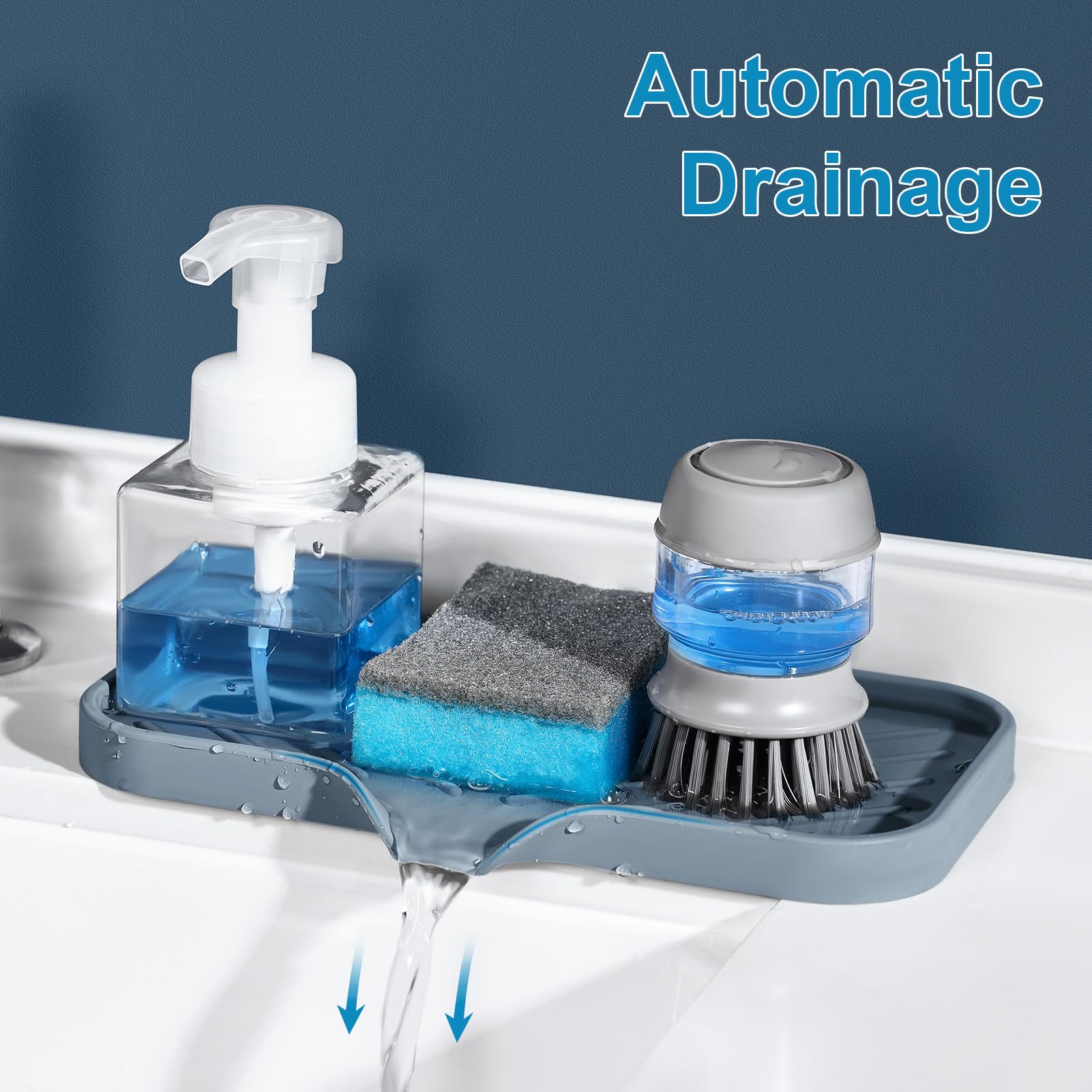 Mofason Vassoio per sapone in silicone, vassoio per finitura bagno, cucina, lavello da cucina con portasapone, vassoio per spugna, organizer per lavello con sapone e spugna (nebbia, 2 pezzi