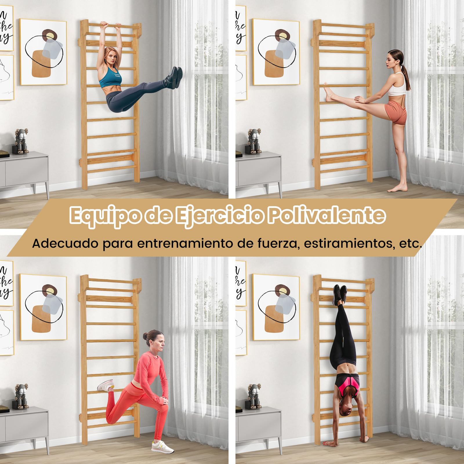 GOPLUS Espaldera Gimnasio de Madera de Pino, Pared de Escalada para Habitaciones Infantiles, Escalera Sueca Barras de Pared para Adultos y Niños, 195 x 80 x 14 cm, Carga 100 kg