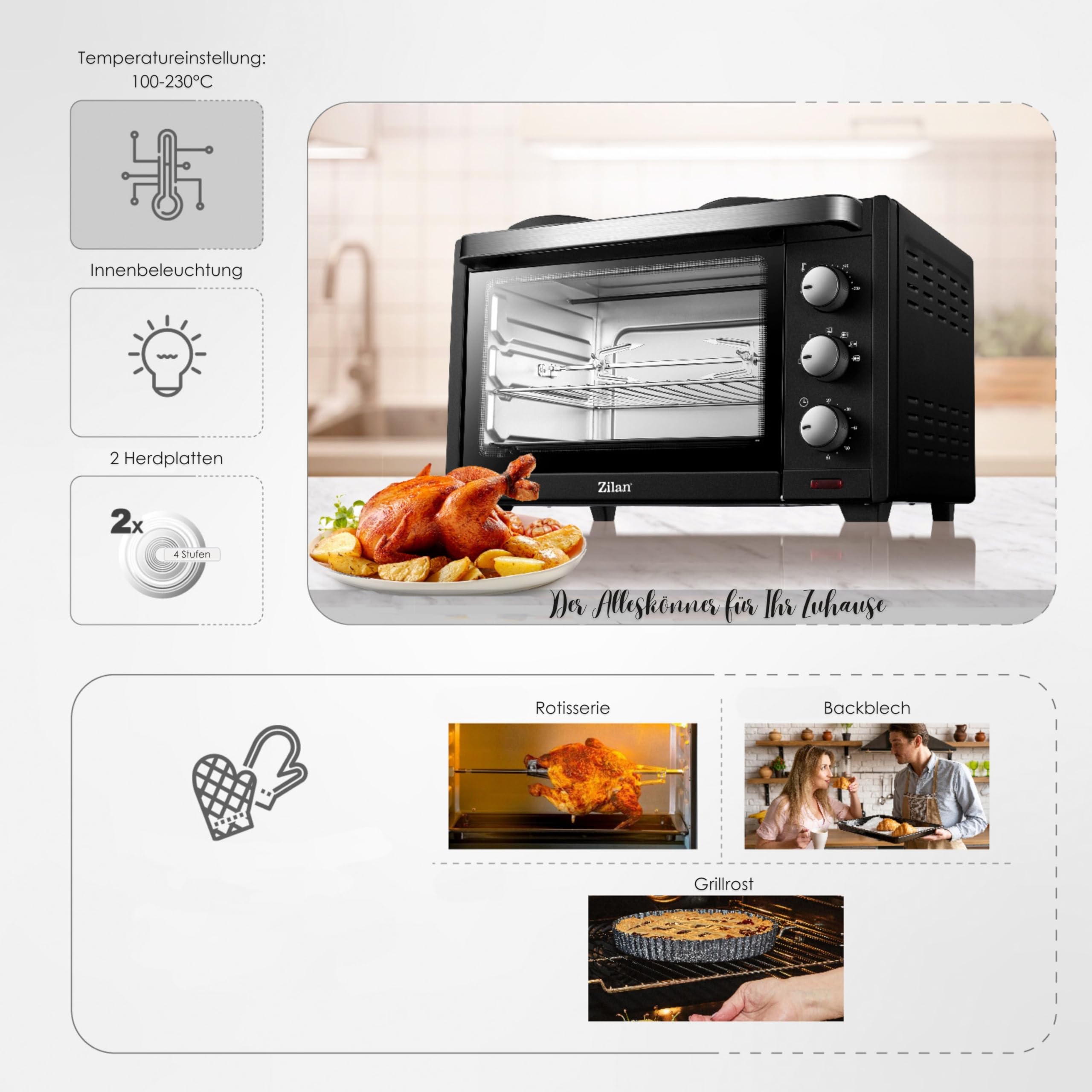Mini Backofen mit Herdplatten 28 Liter | Elektrischer Drehspieß | Integrierte Kochplatten | Pizza-Ofen | Minibackofen | Miniofen | 3in1 Backofen | Krümelblech | Ober-/Unterhitze | Energiesparend