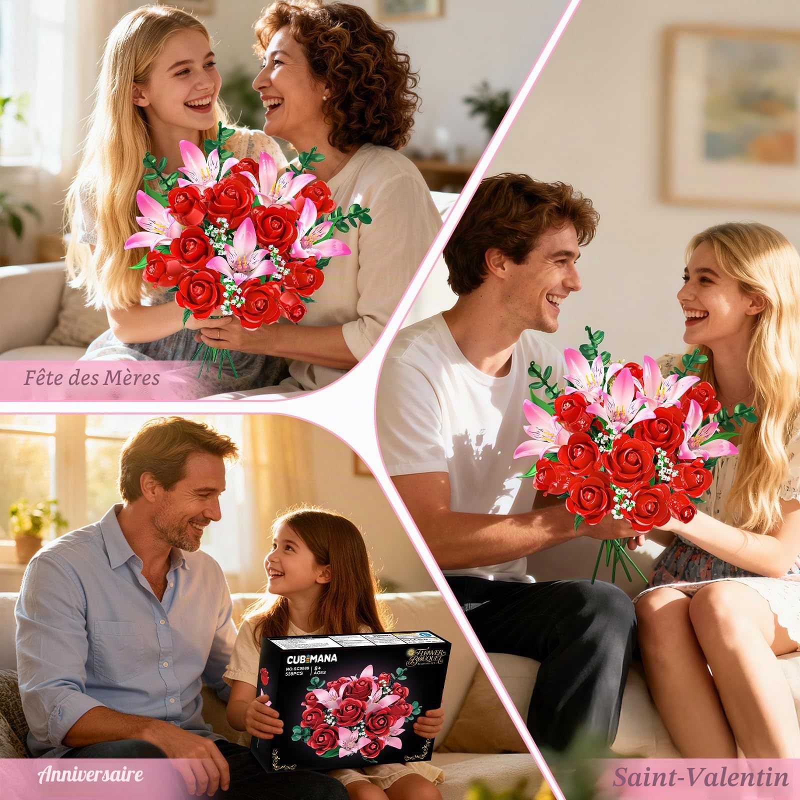 CUBIMANA Kit de Bouquet Fleurs avec LED - Roses Rouges et alstroemères Roses, Collection botanique 22 Fleurs artificielles, décoration Plante intérieure, Cadeau pour Femmes/Adultes