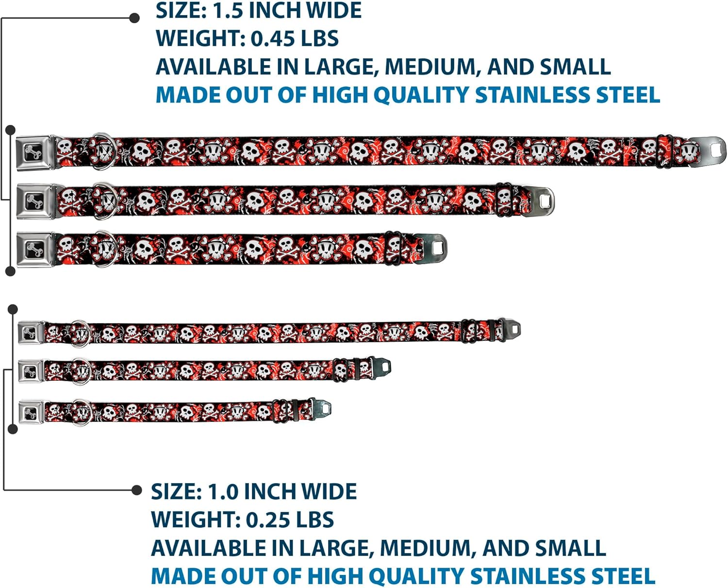 Buckle-Down Seatbelt Buckle Dog Collar - Girlie Skull Black/Red - 1" Wide - Fits 15-26" Neck - Large