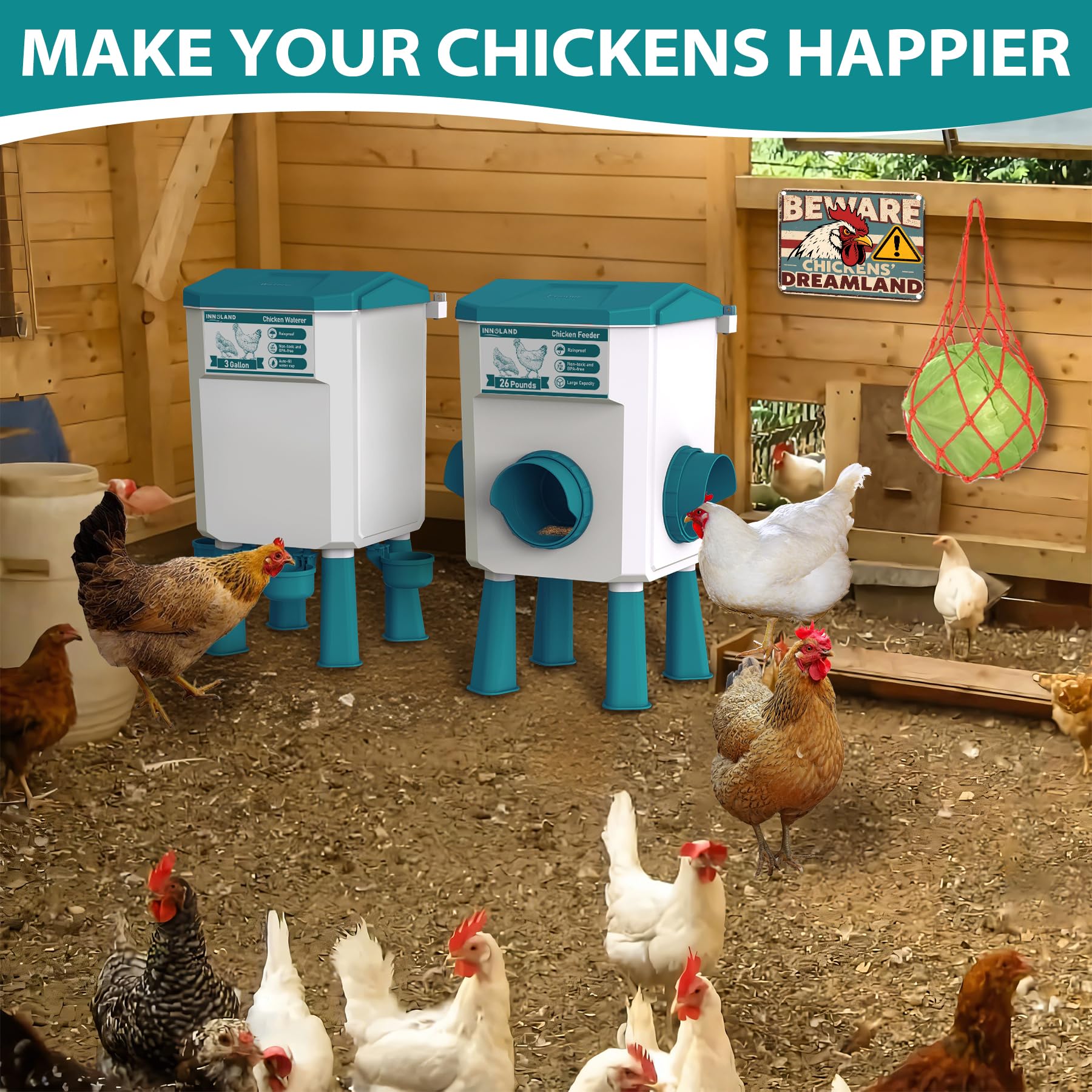 Abbeveratoio per Galline e Mangiatoia per Galline - 11L/12KG, Abbeveratoio Automatico per Galline con 4 Beccucci e 3 Bocche di Alimentazione, Senza Sprechi, Accessori per Pollaio per Galline/Anatre