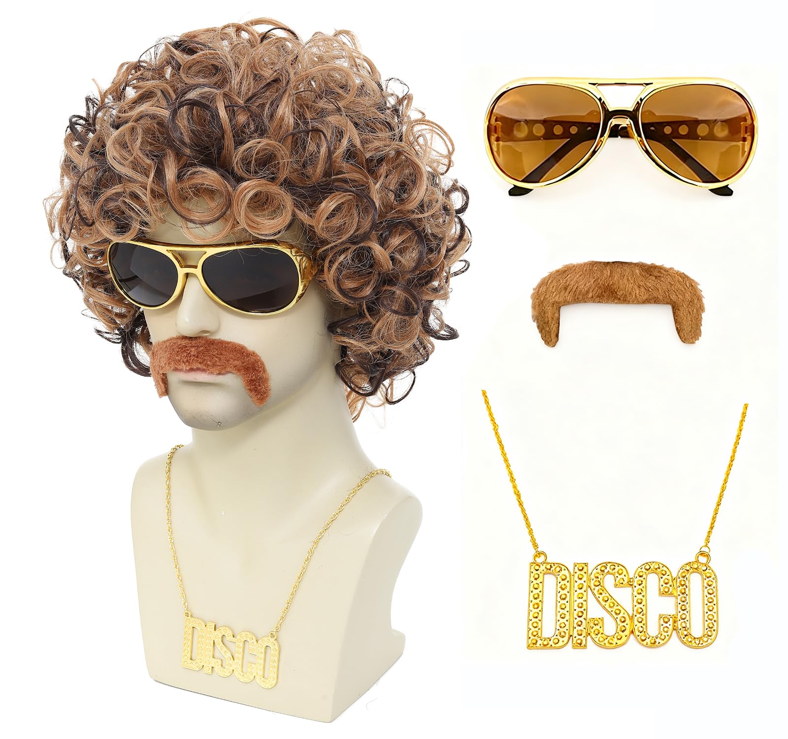 Photo 1 of Traqur 70s 80s Disco Costume Wig Set for Men - Afro Curly Wig with Mustache, Gold Sunglasses & Disco Necklace, Halloween Cosplay 70s Party Outfit Accessory (Blonde Mixed Brown)