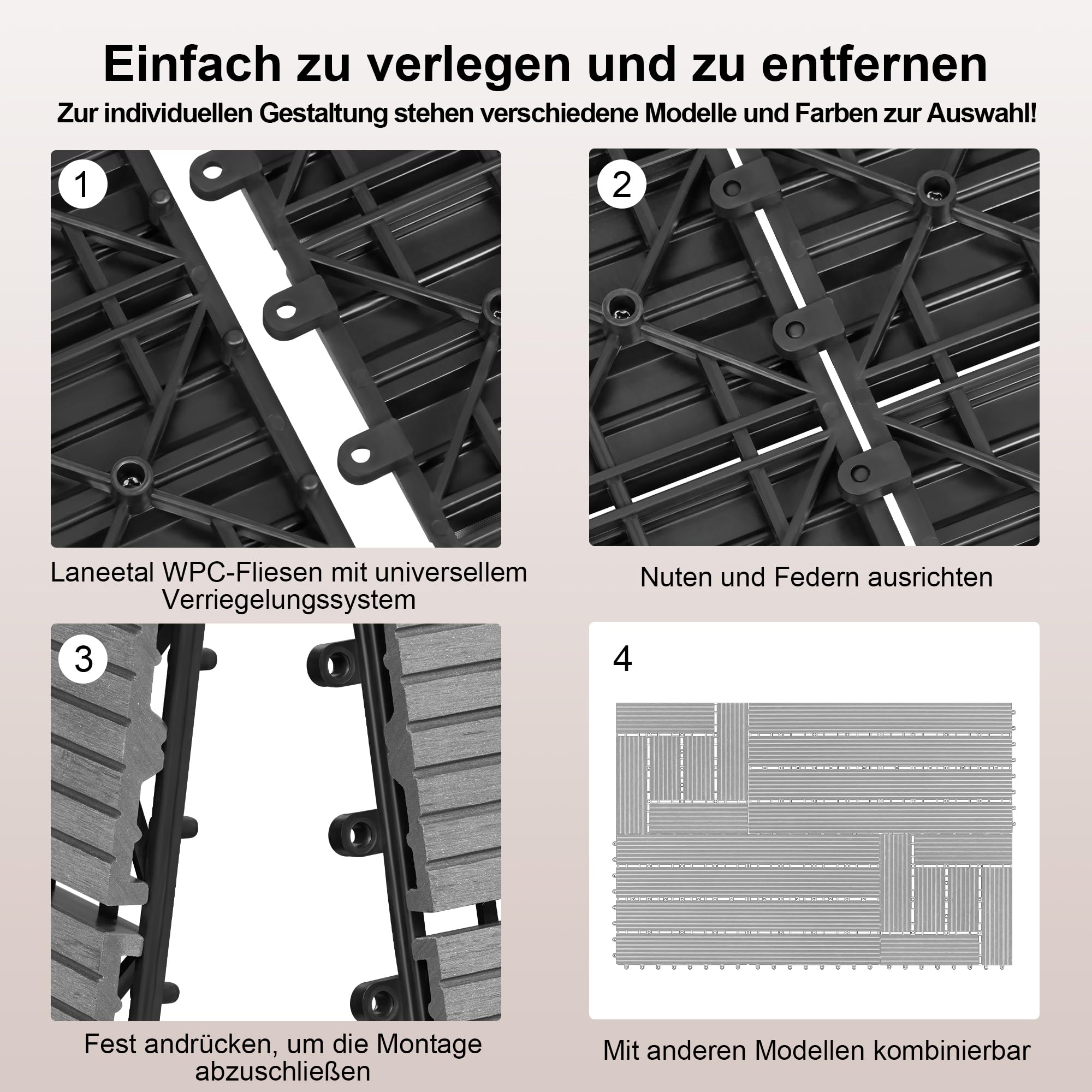 Laneetal WPC Fliesen 22er Set für 2 m², Balkonfliesen 30x30 cm, Terrassenfliesen Klicksystem, Klickfliesen Terrasse Balkon, Bodenfliesen Bodenbelag für außen, Grau