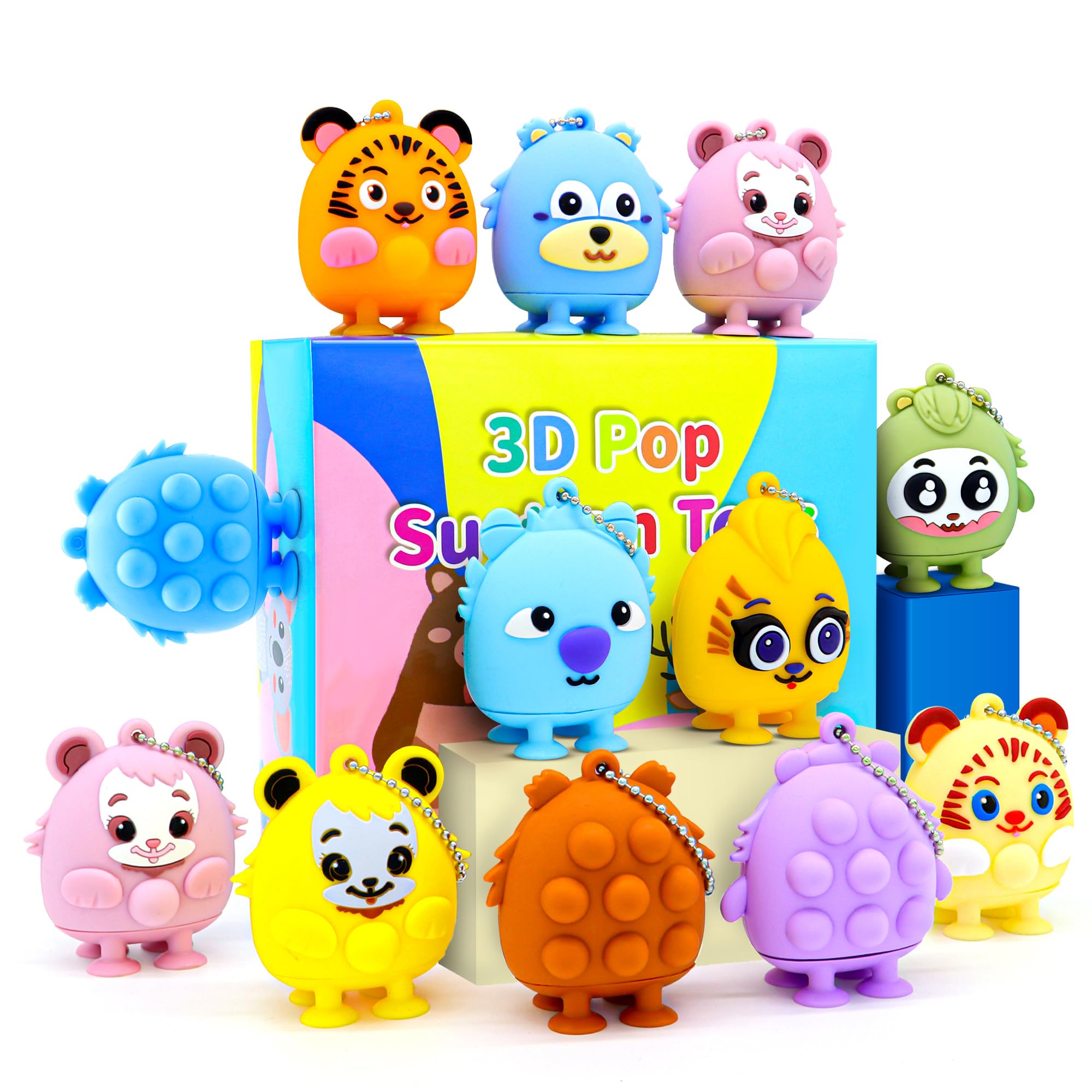 12 Pack 3D Animal Pop Toys Party Favors for Kids, 3D Animal Pop Fidget Toys, Goodie Bags Stuffers for Kid, Treasure Box Toy Prizes for Classroom, Pinata Stuffers, Silicone Suction Toy Gifts