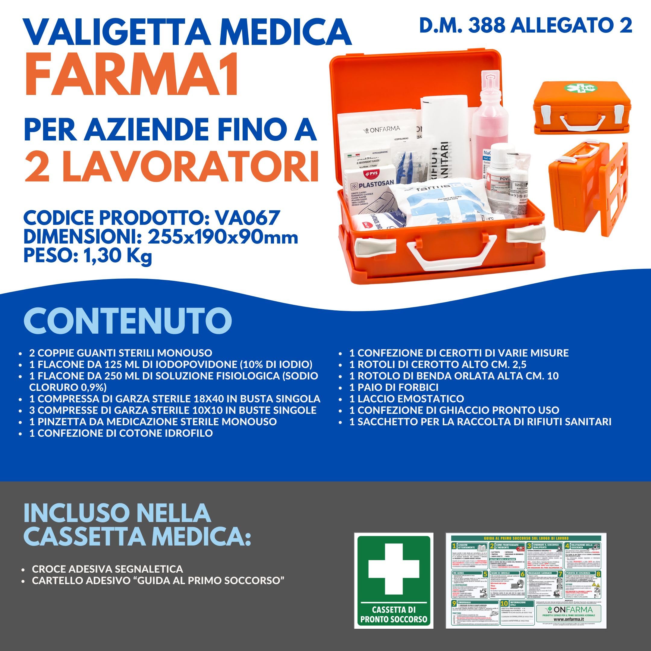 ONFARMA FARMA1 Cassetta pronto soccorso COMPLETA DI CARTELLO PRIMO SOCCORSO conforme DM 388 allegato 2 per aziende fino a 2 lavoratori e mezzi aziendali