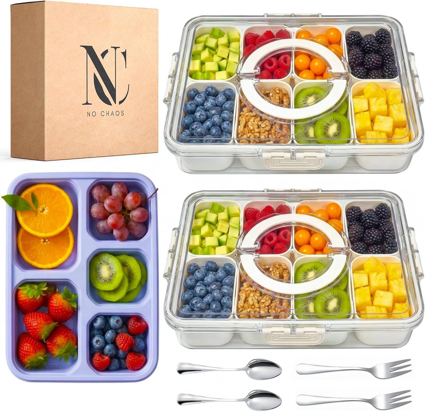Portable Snackle Box Container- 8 Compartment Divided Serving Tray with Lid & 5 Compartment Meal Prep Container for Kids & 2 forks & 2 spoons, Clear Organizer for Candy, Fruits