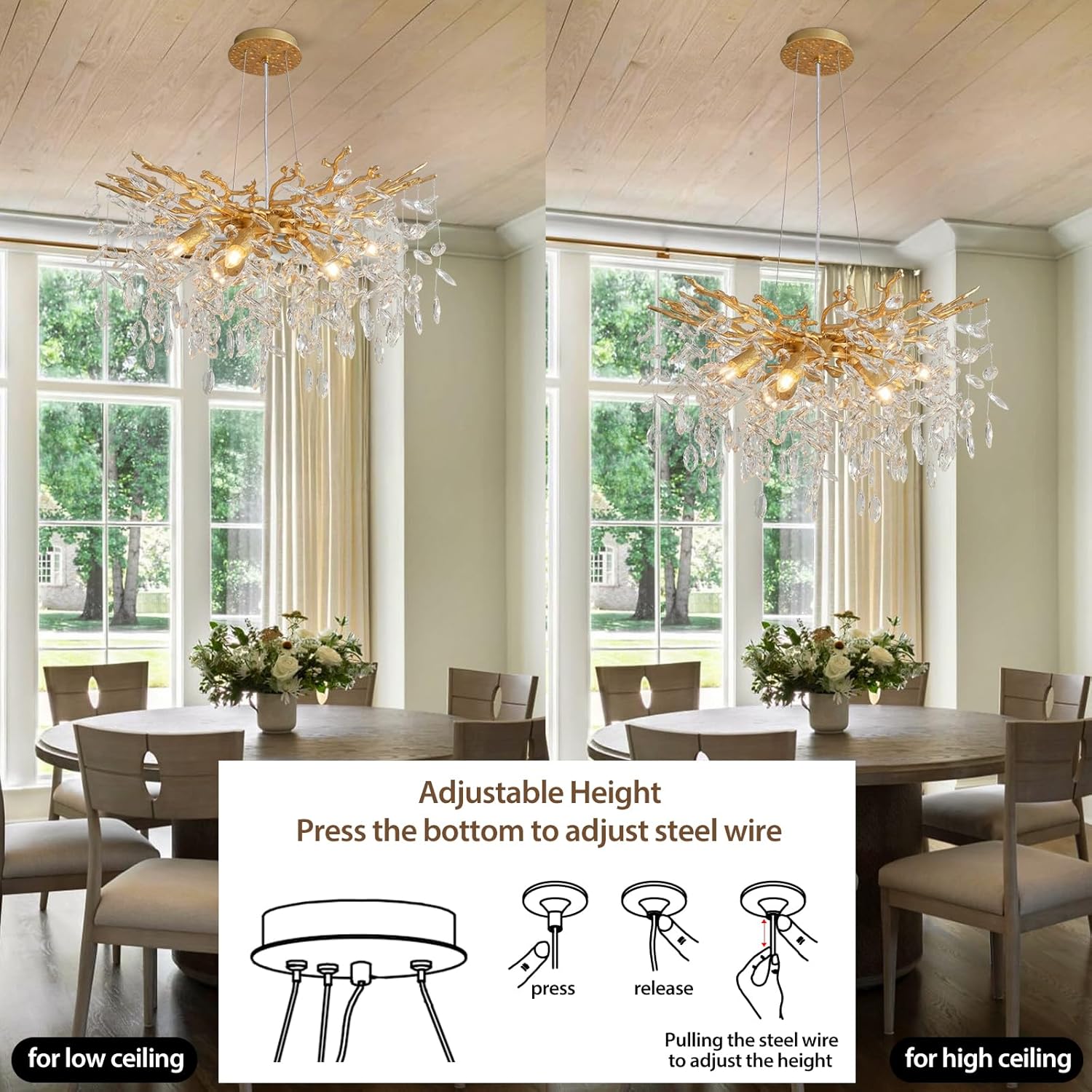 Modern Tree Branch Crystal Chandelier 24'' Luxury Gold Crystal Chandelier 6-Light Crystals Pendant Chandeliers for Dining Room Living Room Bedroom Kitchen Entryway