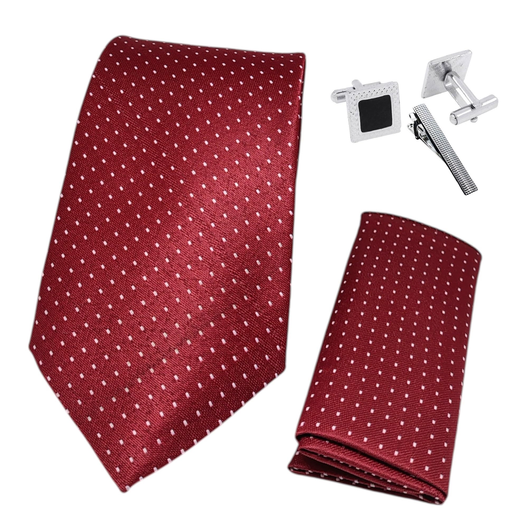 FashMade Premium Italian Silk Tie, Pocket Square with Square Brass Cufflinks & Silver Honeycomb Tie Pin Combo in Leather Gift Box for Men – Formal & Wedding Set tp-31-image-45
