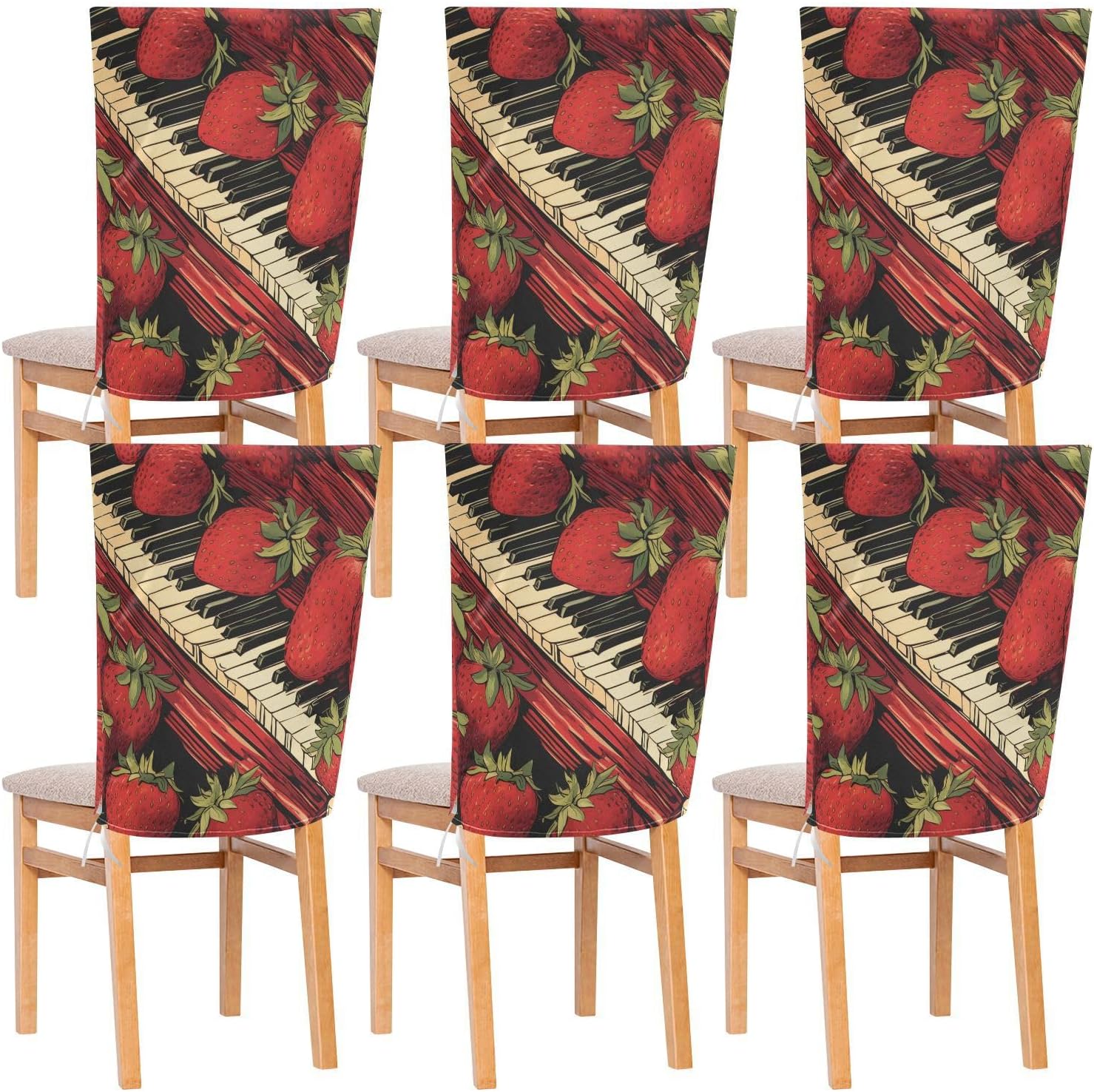 ALAZA Vintage Strawberries Piano Keys Music Chair Back Cover Set of 6, Washable Reusable Removable Chair Slipcovers Decorative Chair Cover for Home Kitchen Wedding Party