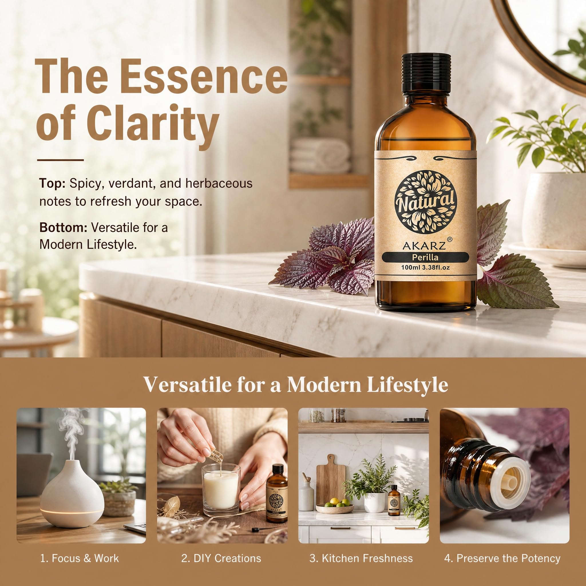 AKARZ 100ml Olejek esencjny z Perilly - Naturalny olejek aromatyczny do dyfuzorów, lamp aromatycznych i aromatów pomieszczeń