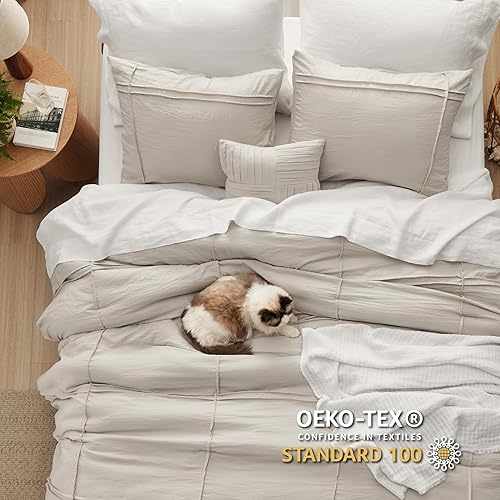 Miniatura 4 de Bedsure Beige Twin Comforter Set - 3 Pieces Grid Pleated Bed Set, Down Alternative Bedding Sets for All Season, 1 Comforter, 1 Pillowcase, 1