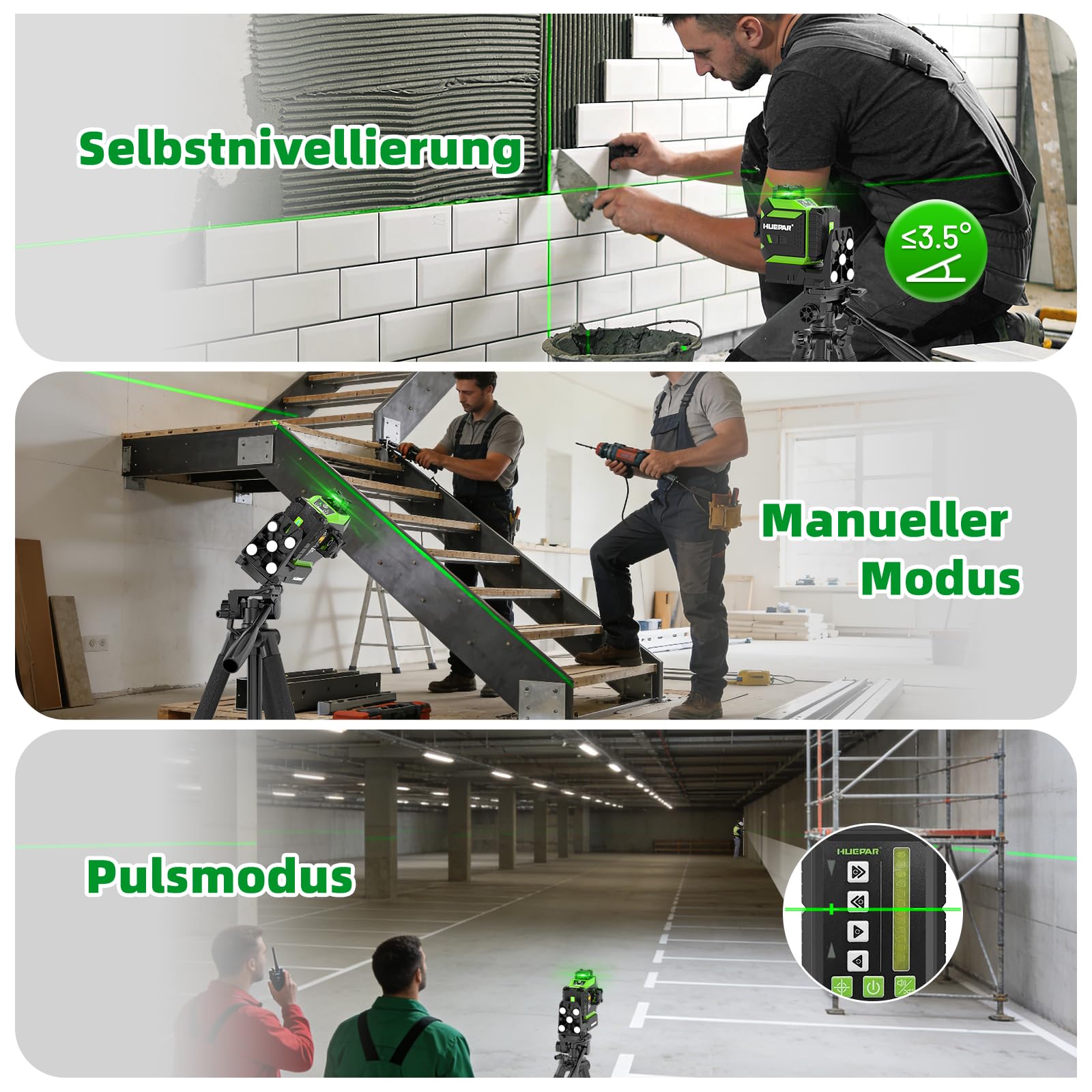 Huepar kreuzlinienlaser 360 grad mit Fernbedienungsempfänger | Linienlaser Automatische Verfolgung, Motorisierte Basis, 1/13" Präzisionslaser, Pulsmodus im Freien, einstellbarer Helligkeit