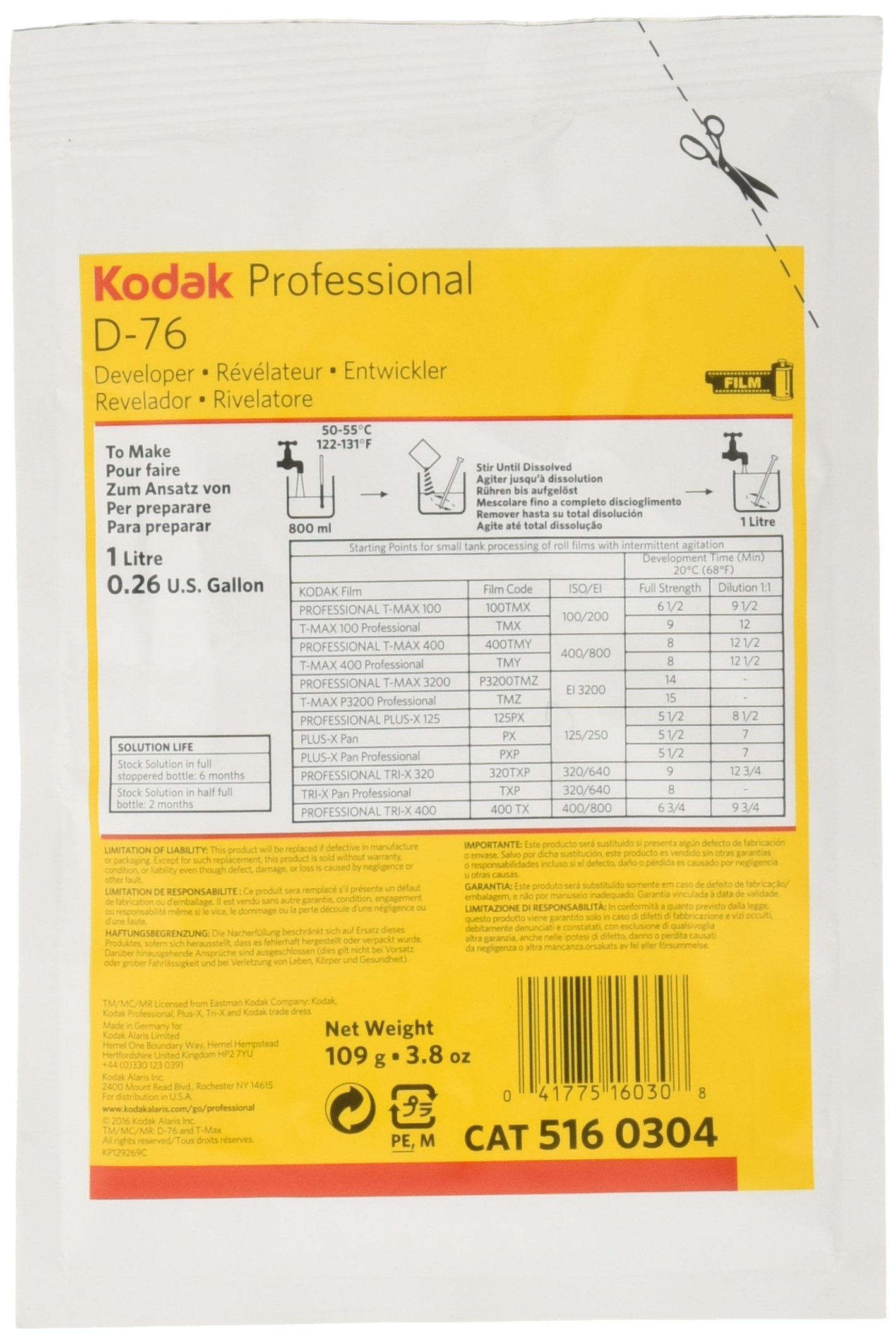 Kodak KOD680503 - Químico BW revelador d-76 (1x 1 litro) Multicolor