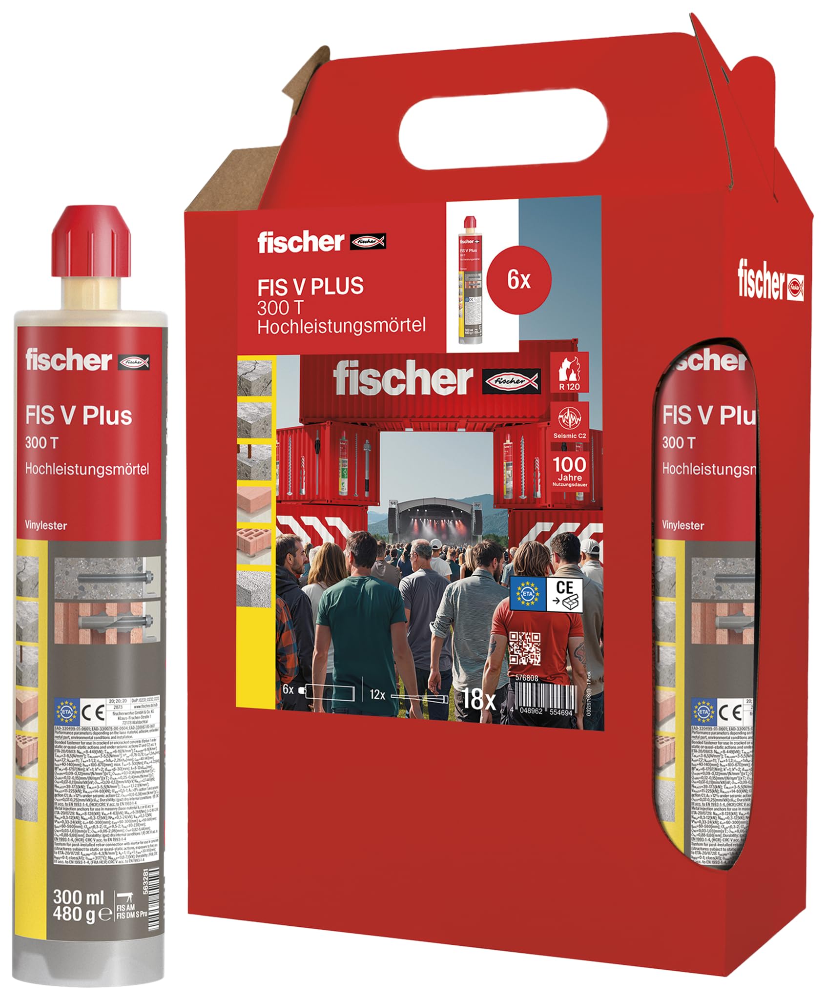 fischer Mortero de alto rendimiento FIS V Plus 300 T en práctico paquete de seis unidades, mortero de inyección resistente a la intemperie, el potente mortero para máxima seguridad en hormigón y