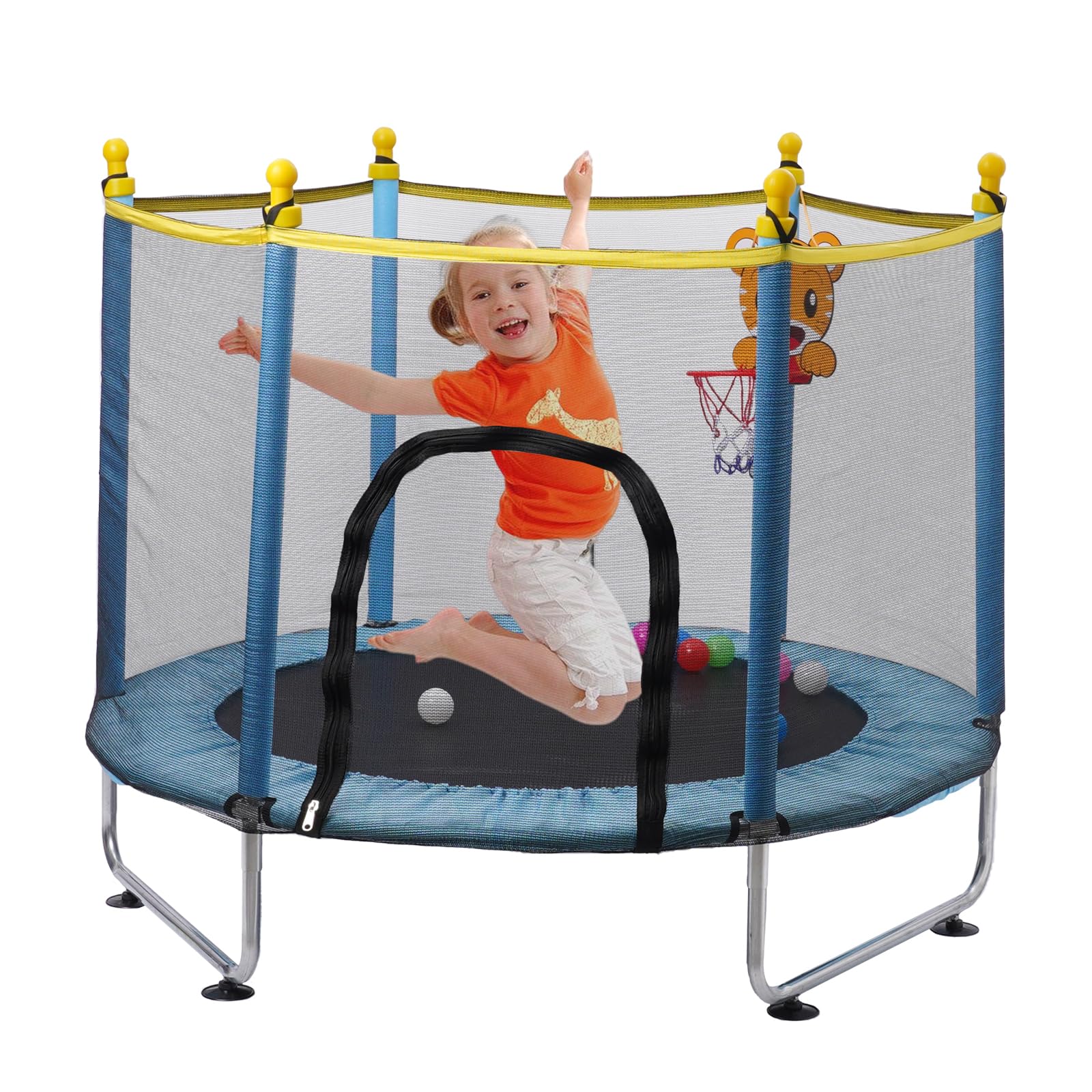 Cama Elástica Infantil 140cm, Trampolim Criança Exterior con Red de Seguridad, Camas Elastica Interior con Canasta de Baloncesto, Trampolines para Niños 2 3 Años