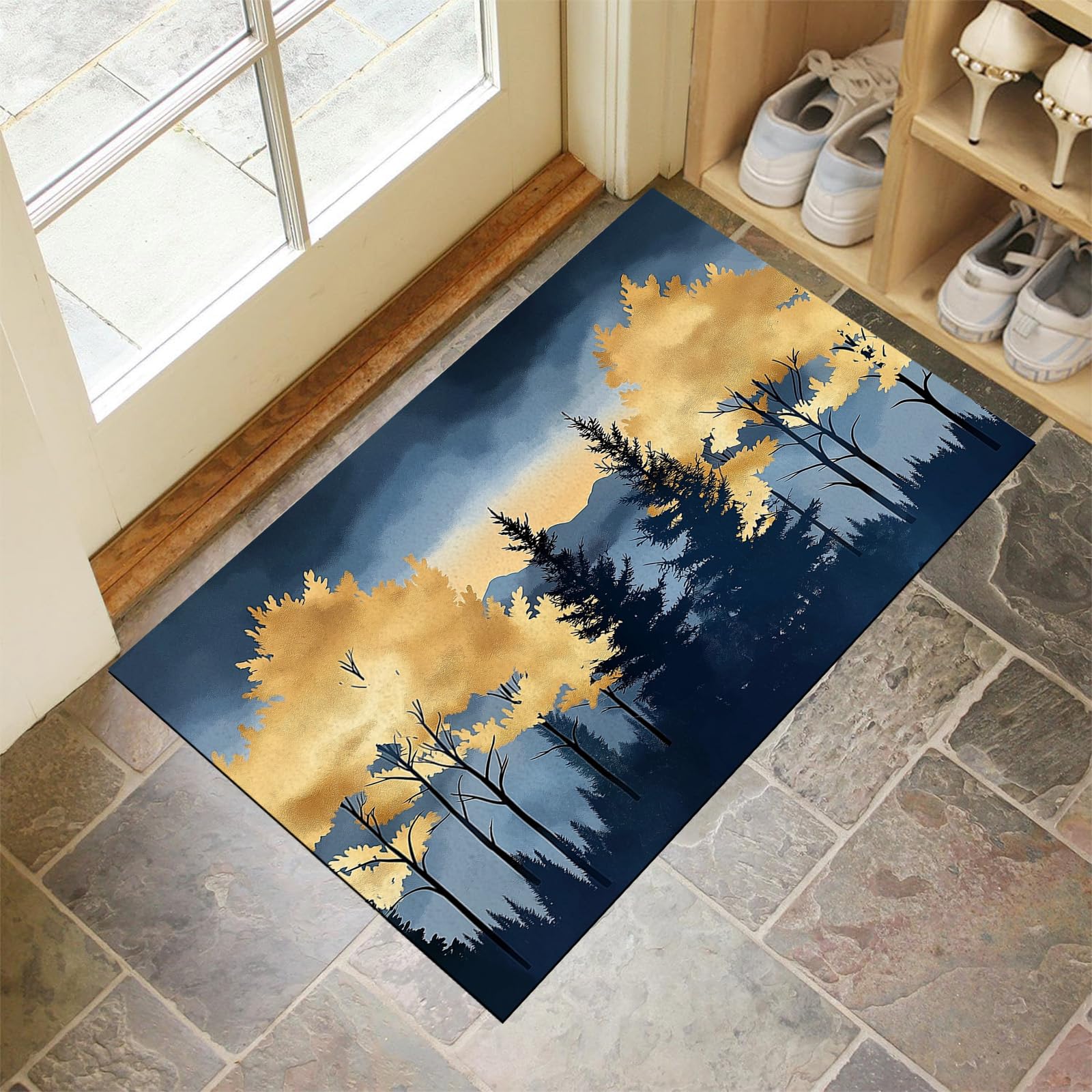 Tapis de porte 90x150cm au design arbre à feuilles d'or avec revêtement robuste et lavable