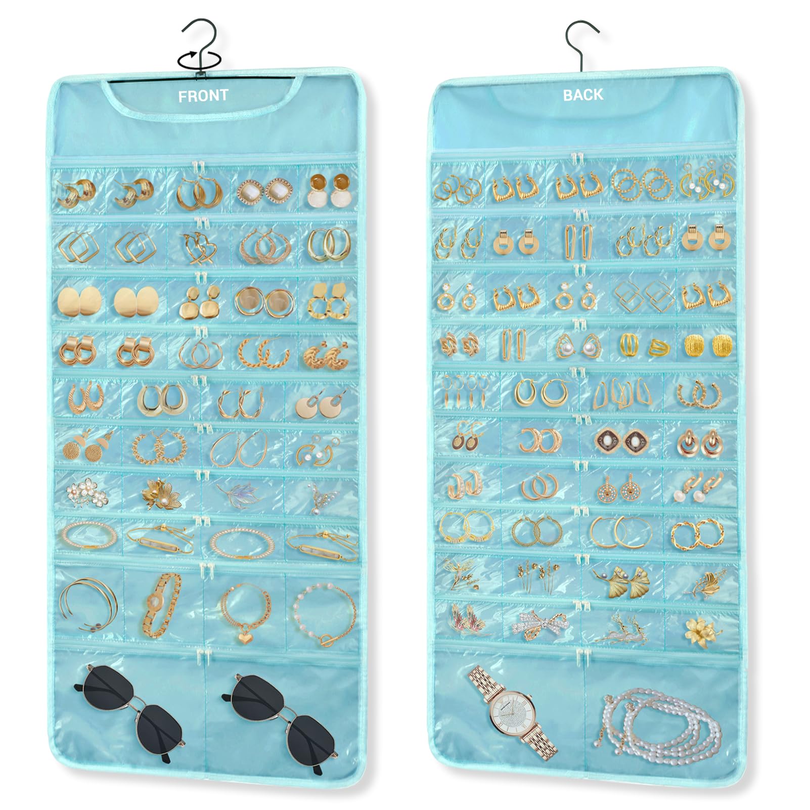 FOREGOER Hanging Jewelry Organizer 88 Zippered Pocket, 2-Sided,1 Pack Blue