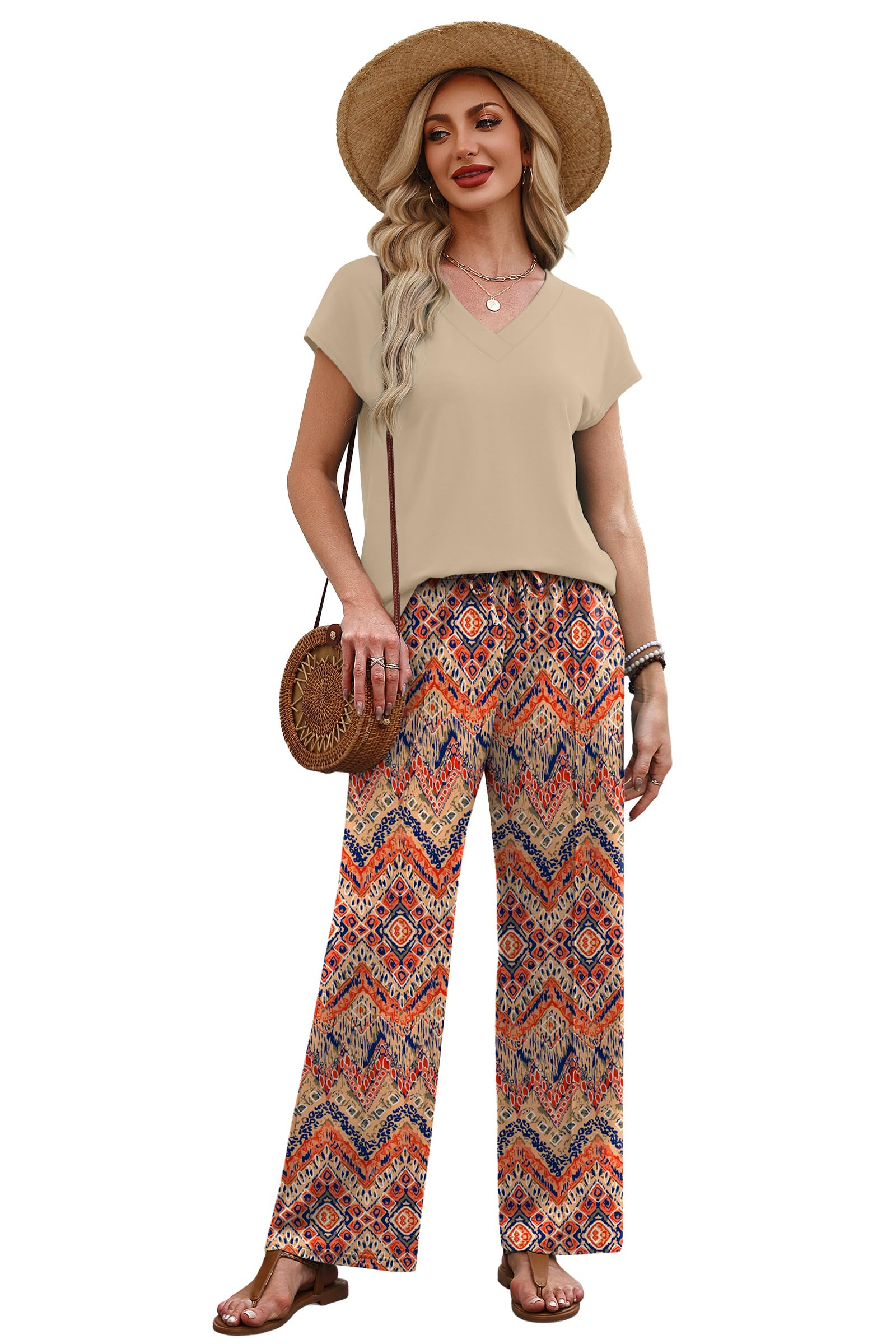 XIEERDUO Women's 2 Piece Sets Summer Beach Vacation Cruise Travel Outfits Printed Wide Leg Pant V Neck Cap Sleeve Tops — view 4