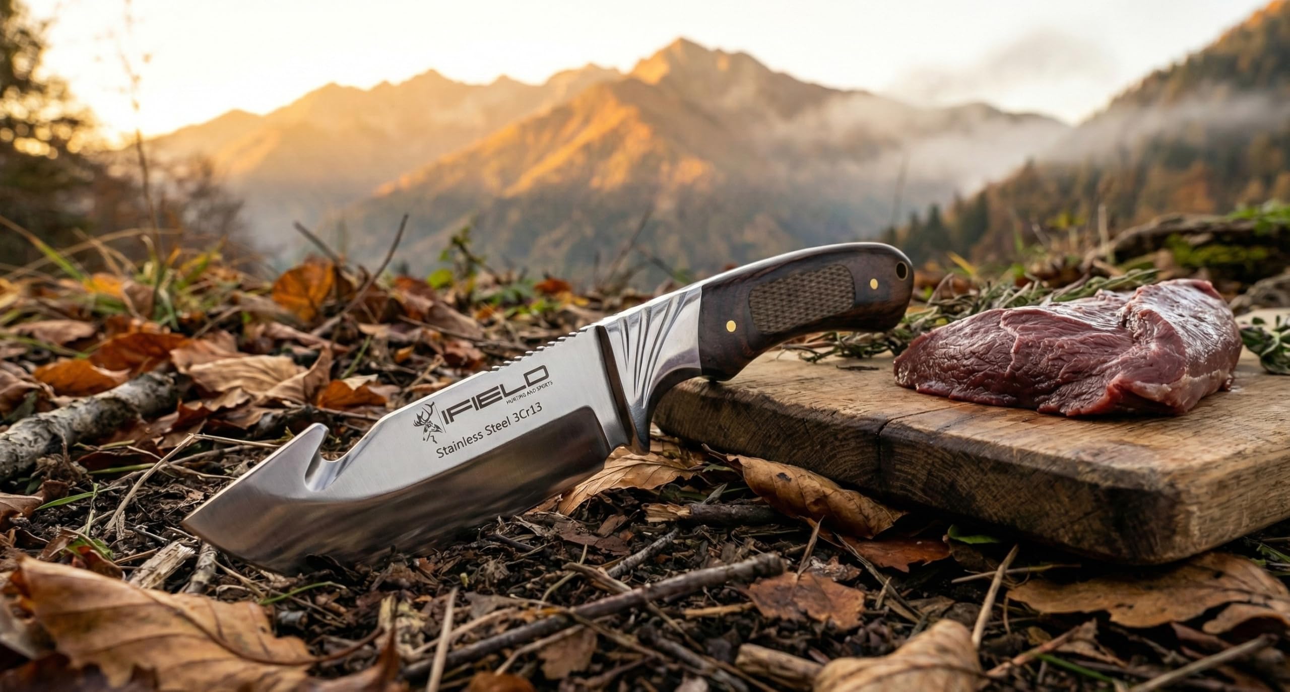 iFIELD Cuchillo desollador Camper EL29015, Mango Stamina Decorada, Hoja Acero INOX de 10,5 cms, Largo Total 22,5 cms, con Funda de Piel, Herramienta de Camping para Pesca, Caza, Actividad Deportiva