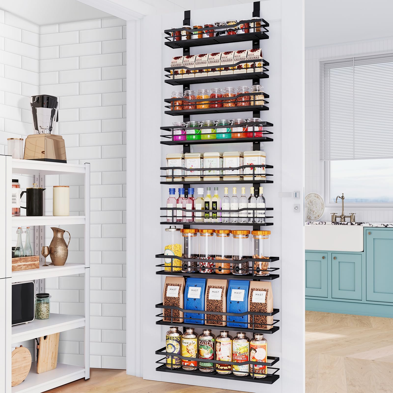 Over The Door Pantry Organizer?9-Tier Over The Door Organizer with Adjustable Basket?Metal Hanging Pantry Organizers and Storage for Kitchen, Back of Door Seasoning Rack (Black)
