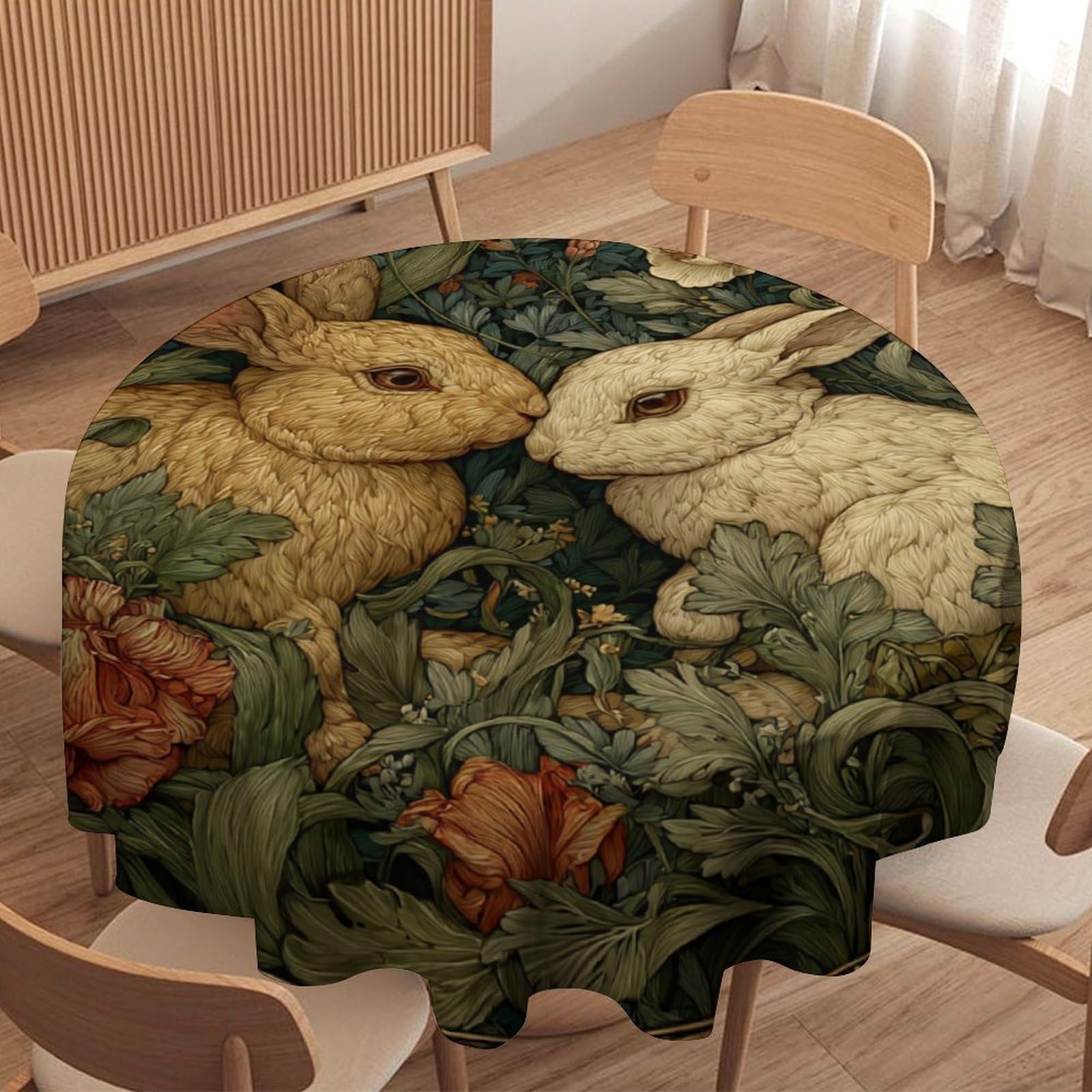 LUYYSKY Classic Retro Boho Bunny Waterproof Round Tablecloth Antique Oil Painting William Morris Plants Floral Animals Rabbits Patt Washable Table Cover for Kitchen-127 Wx127 L cm