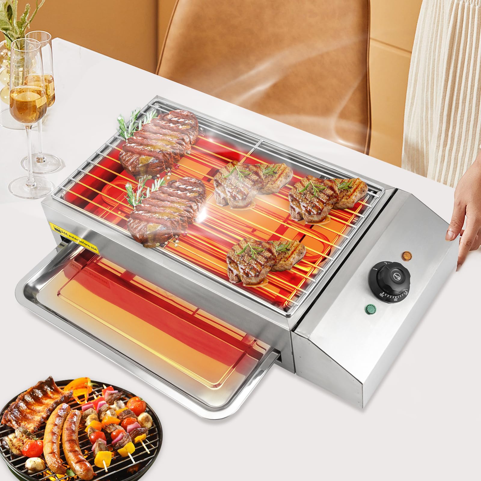 Barbecue elettrico da tavolo da 2600 W, 220 V, in acciaio inox 201, con vaschetta raccogli-olio, temperatura regolabile da 122 °C a 572 °C, per picnic, feste, campeggio, terrazze (argento), 54 x 28 x