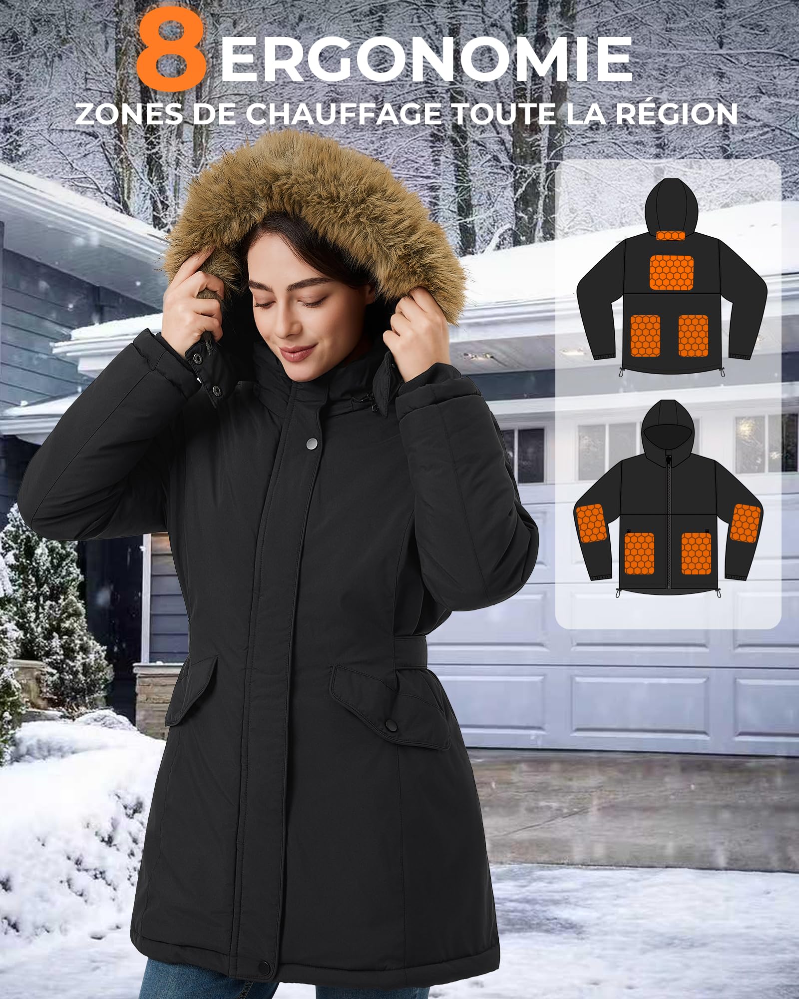 Veste Chauffante Femme Avec Batterie Incluse de 18400 Mah 12v, 8 Zones de Chauffage, Avec 3 Niveaux De Tempé,Parka longue,Manteau Hiver Femme chaud et imperméable à capuche amovible