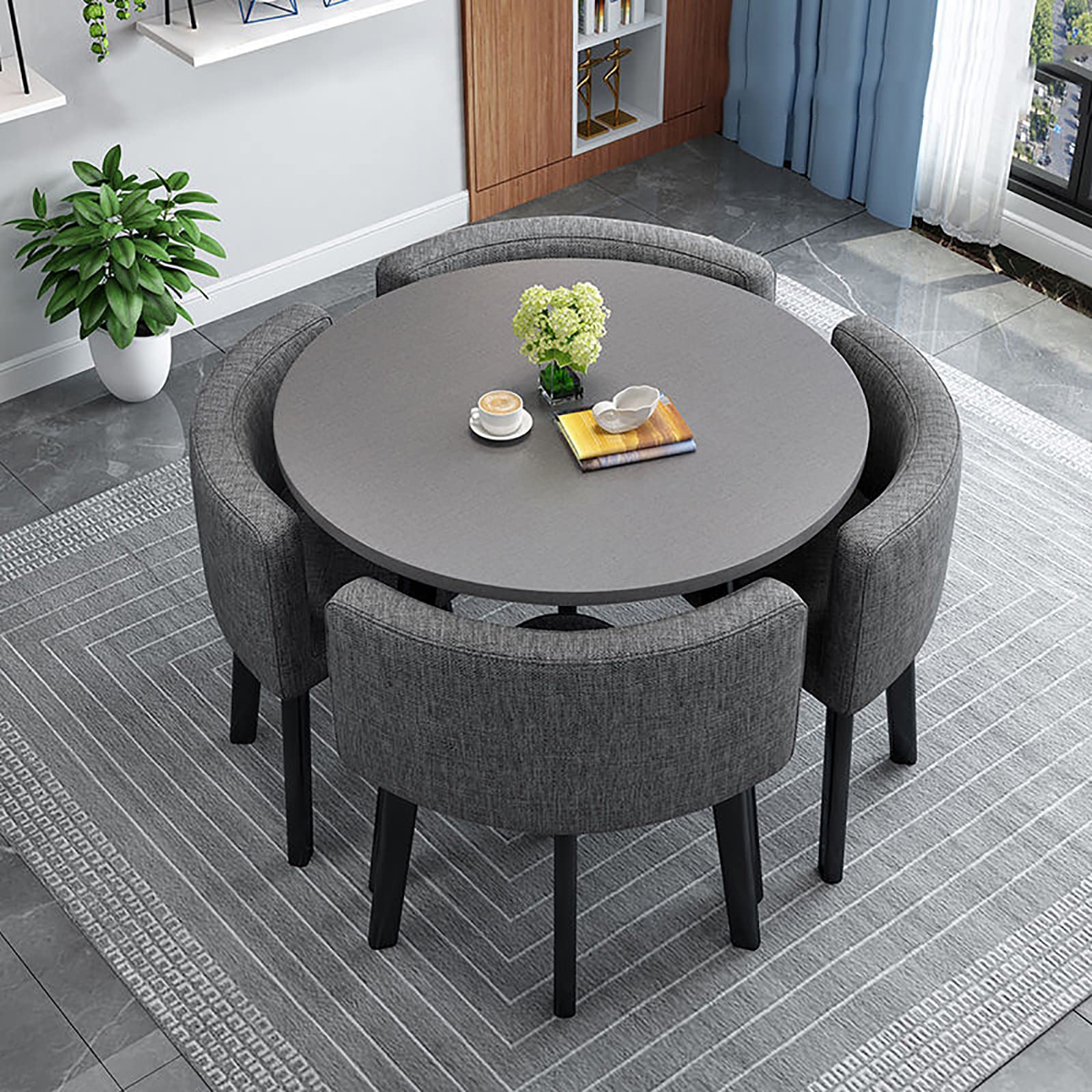 Modern Round Dining Table Set Space Saving Kitchen Table with 4 Fabric Chairs Ideal for Home Office 90 * 90 * 75cm Reception Saving Set,A34-80 * 80 * 75cm