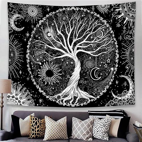 Miniatura 3 de Spenlife Tapiz de árbol de la vida, tapices en blanco y negro para dormitorio, estético espiritual, tapiz estético para colgar en la pared para