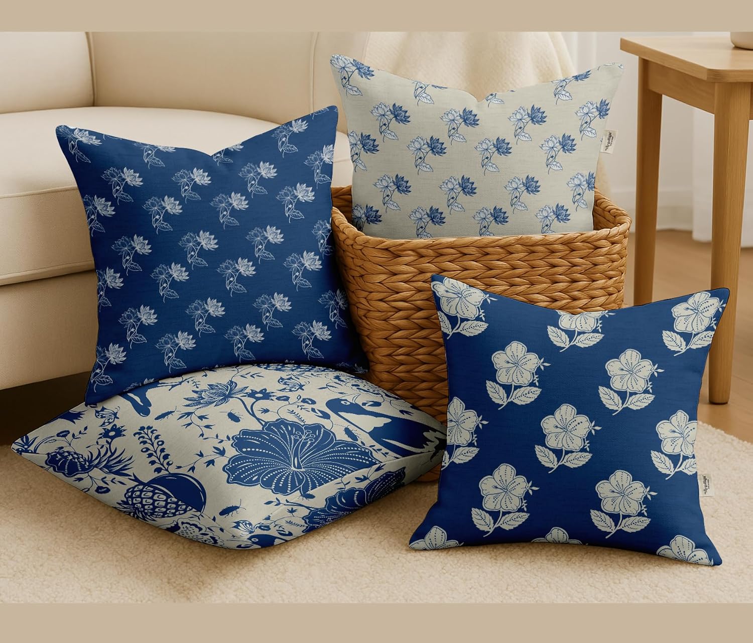 Cotton Cushion Covers Set of 4-16x16 Inch, Block Print, Double-Sided Printed Throw Pillow Covers with Hidden Zipper - No Filler - Beige