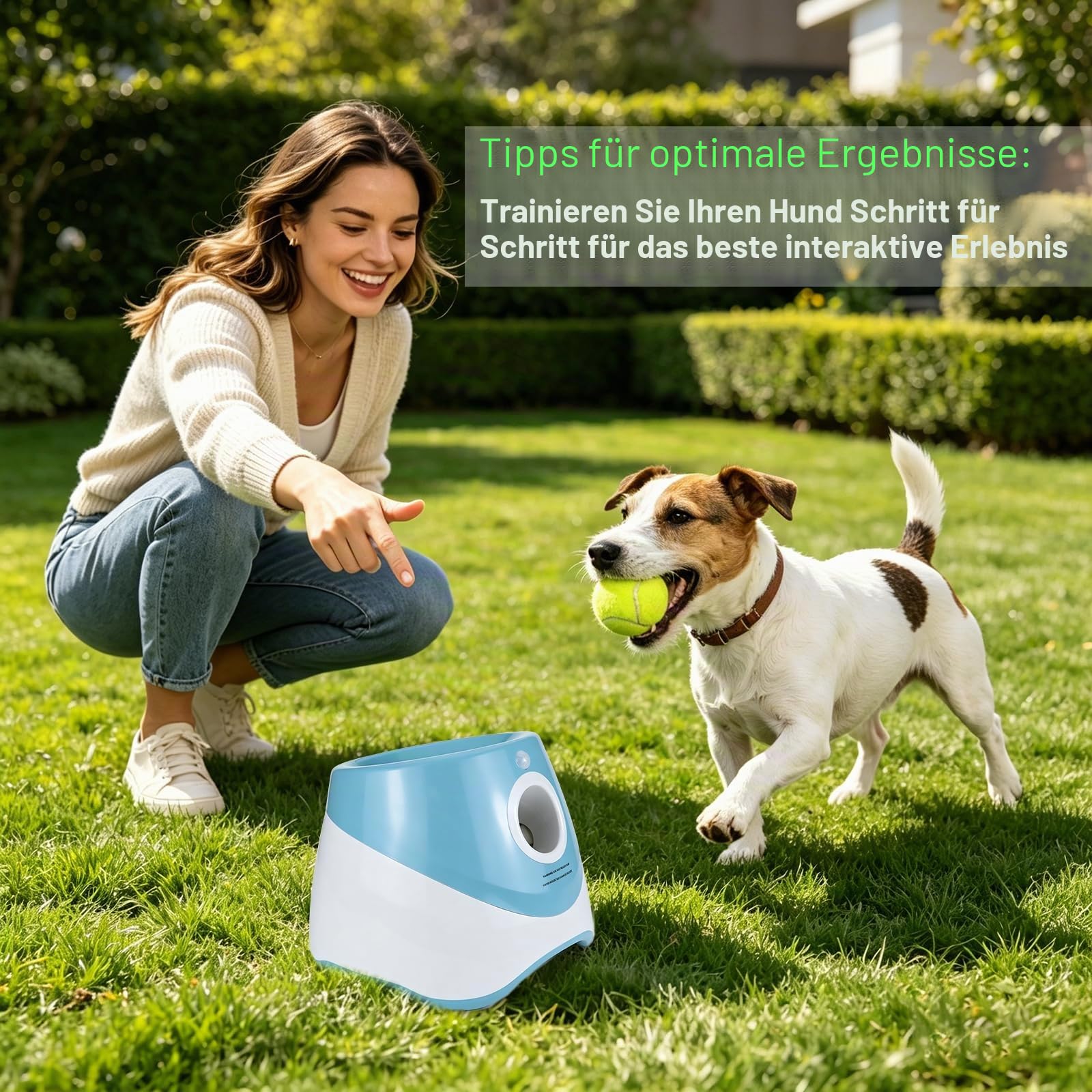 Automatischer Hunde-Ballwerfer für kleine Hunde drinnen draußen | Interaktives Spielzeug 15 Mini-Tennisbällen, 3 einstellbare Wurfweiten (3-9m), wiederaufladbar Blau
