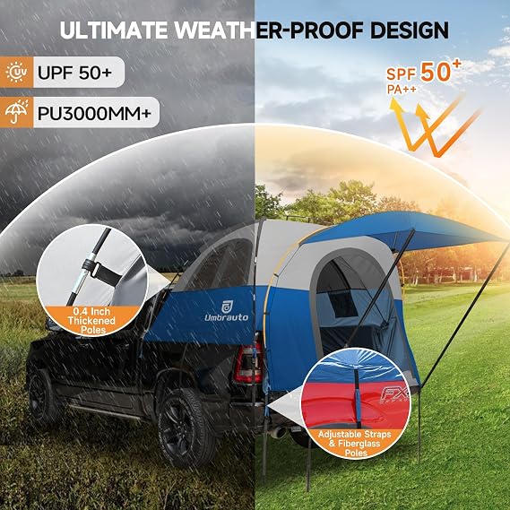 Umbrauto Truck Bed Tent with Awning: 6.3-6.7FT PU3000mm Waterproof Tailgate Pickup Truck Tents, Easy Set-up for 2 Person, Fits Full Size Short Bed, Chevy, Dodge, Ford, GMC, Blue