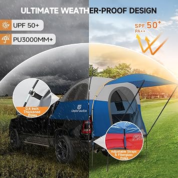 Umbrauto Truck Bed Tent with Awning: 6.3-6.7FT PU3000mm Waterproof Tailgate Pickup Truck Tents, Easy Set-up for 2 Person, Fits Full Size Short Bed, Chevy, Dodge, Ford, GMC, Blue