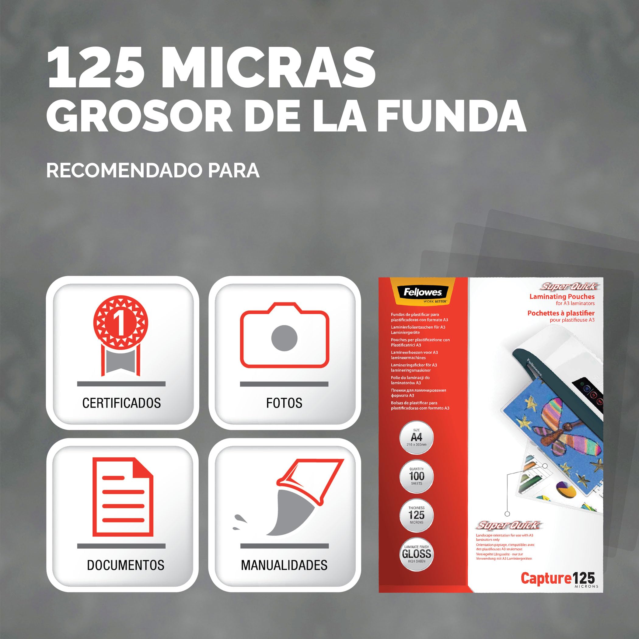 Fellowes 100 fundas de plastificar, Brillo Alta Velocidad, Plata, A4 (Alta velocidad) 125 micras