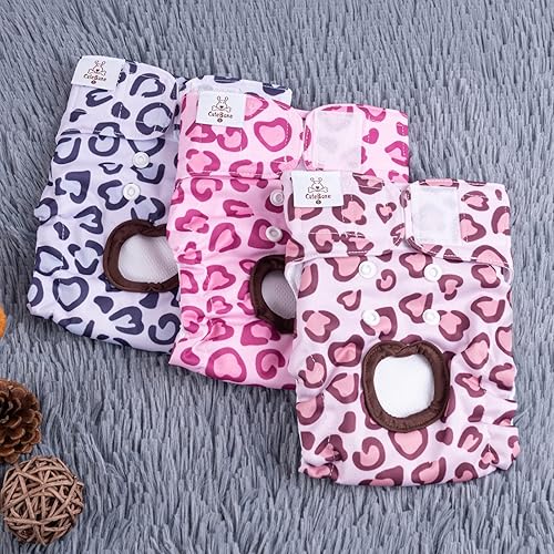 Miniatura 7 de CuteBone Pañales para perros hembras para ciclo de calor, paquete de 3 unidades, estampado de leopardo y corazón D54M