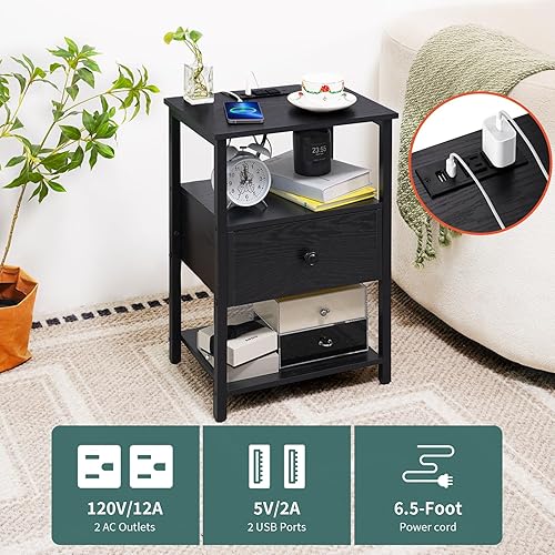 Miniatura 2 de Yoobure Juego de 2 mesitas de noche, mesita de noche con estación de carga, con puertos USB, mesitas de noche con cajón de madera y estante de
