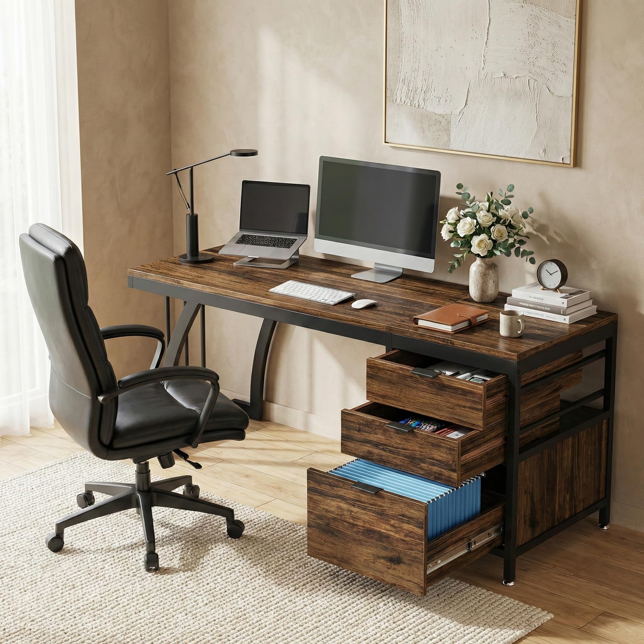 Lailang 150cm Scrivania Computer con 3 Cassetti, Scrittoio Vintage, Scrivania da Studio, Mobili Ufficio Moderni, Scrivania Gaming Marrone, Scrivania Lunga, 150 x 50 x 75 cm, Marrone Rustico