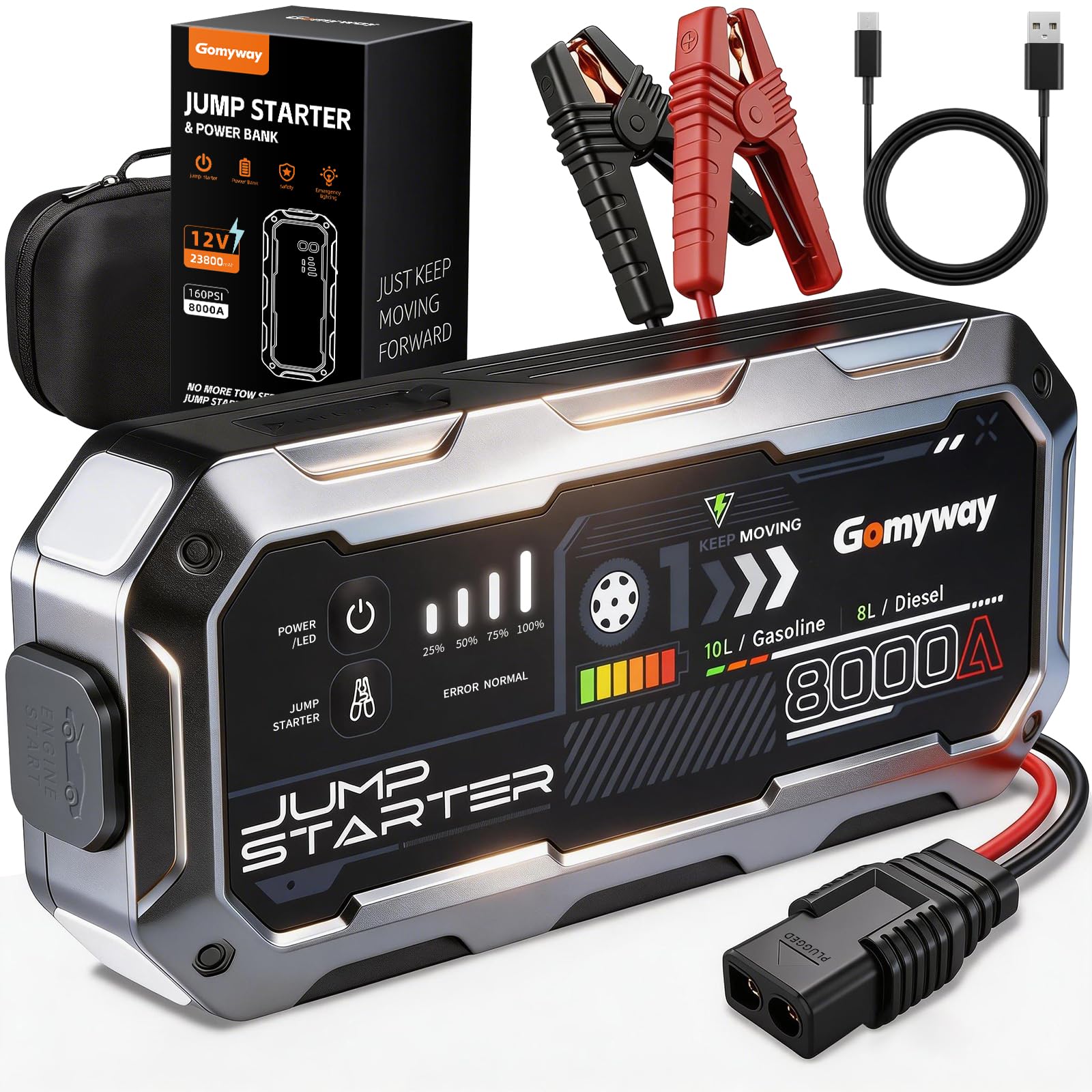 Booster Avviamento Auto 8000A Portatile Avviatore di Batteria Auto/Moto/Motoscafo(fino a ALL Gas/10.0L Diesel), 12V Avviatore di emergenza per Auto con cavo di sicurezza, LED