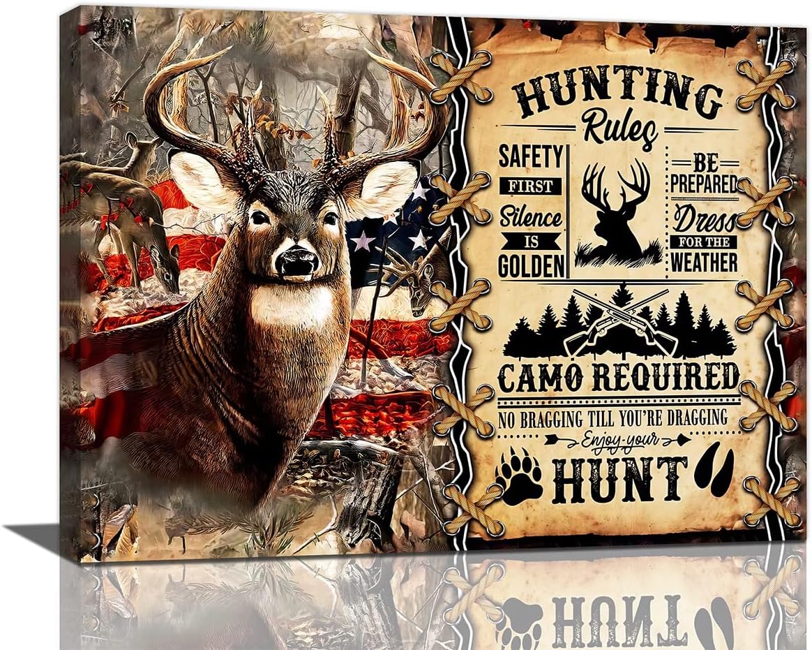 Farmhouse Deer Wall Art Hunting Rules American Flag Picture