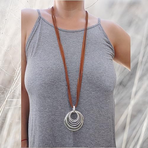 Miniatura 2 de BALOOLA 38 Long ECO Leather Necklace, Ring Circle Necklace for Women, Brown Leather Necklace, Long Pendant Necklace, Large Lariat Necklace, 7 Silver