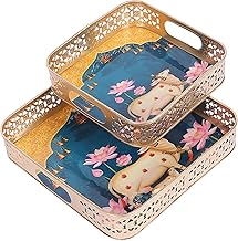 Two Moustaches Metal Square Shaped Cow with Calf Design Serving Tray Set (8 Inches & 10 Inches),Serving Plates for Home,Platters for Tea/Fruits/Snacks,Decorative Pichwai Tray,Multicolored,Pack of 2