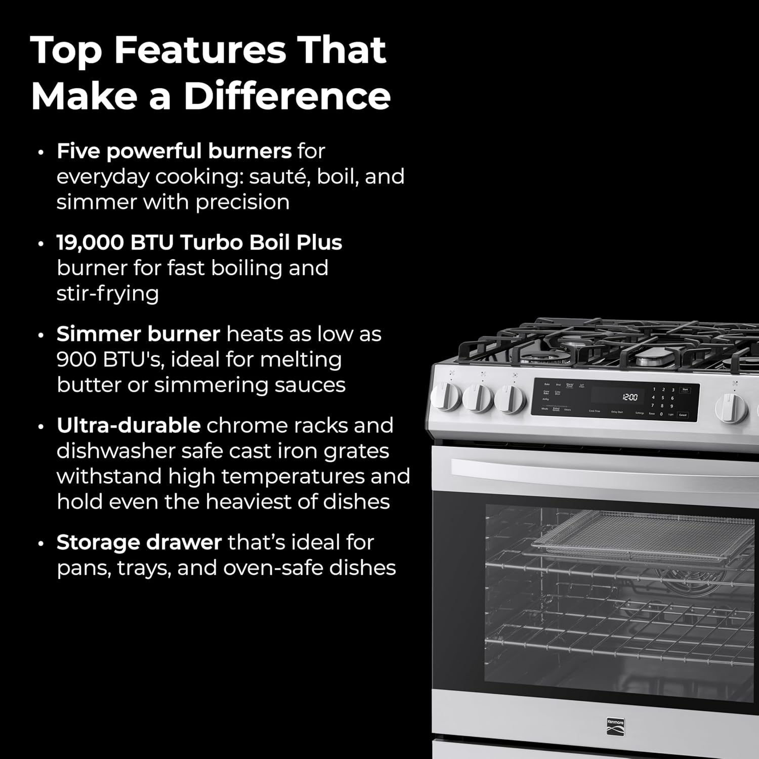 Close-up of the Kenmore gas range control panel with knobs and digital display, showing various cooking functions like Bake, Broil, Air Fry, and Fan Convection.